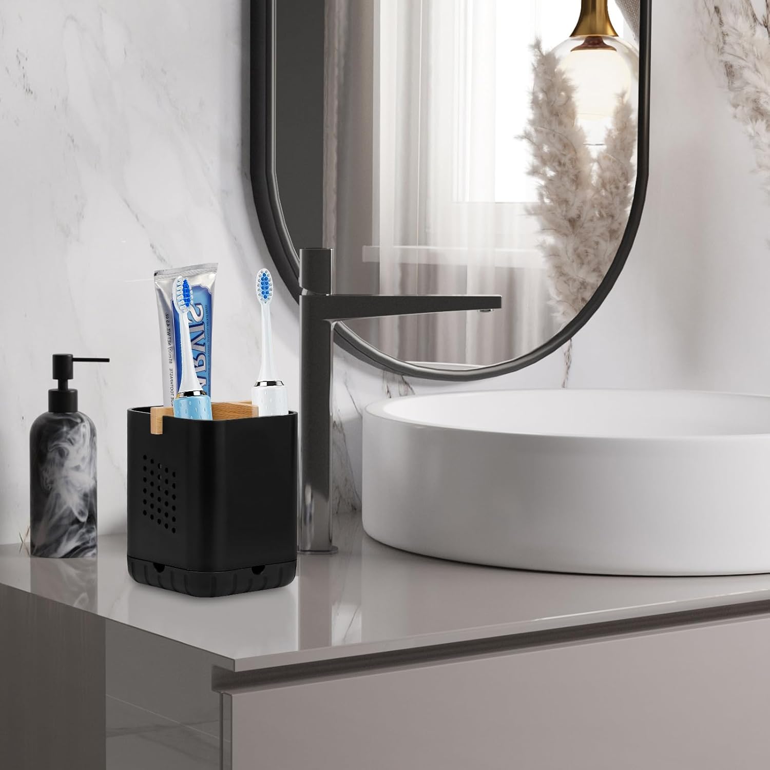 Boperzi Black Toothbrush Holder with Bamboo Divider