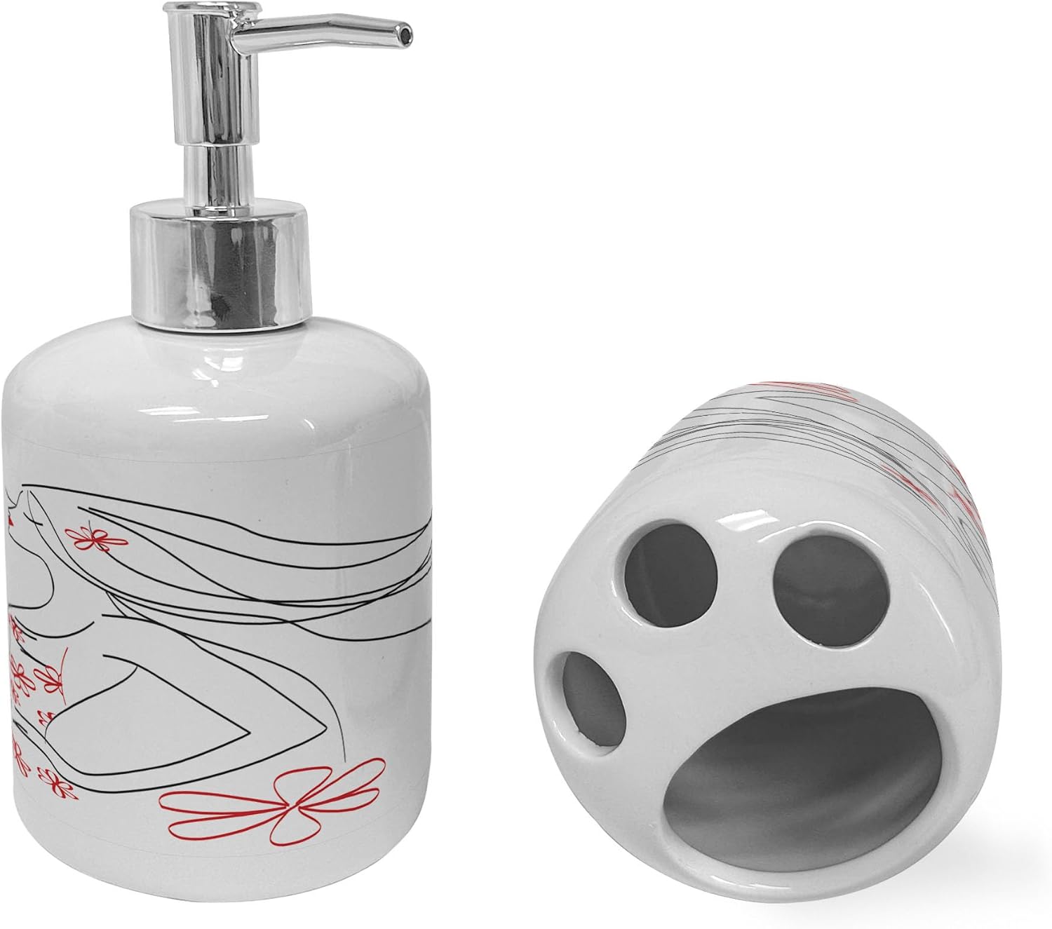 Ambesonne Ceramic Soap Dispenser Toothbrush Holder Set 2 Pcs Charcoal Grey Vermilion