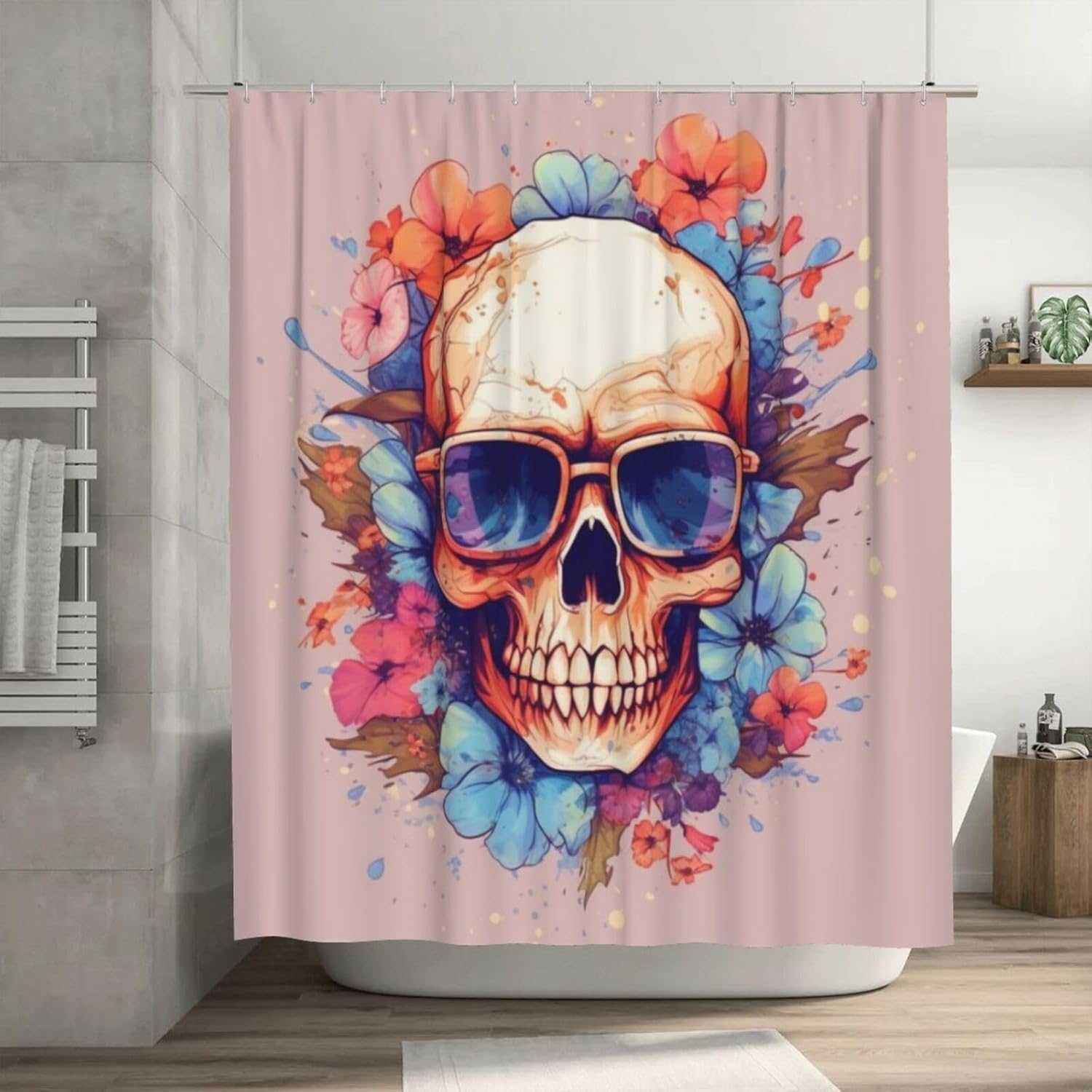 Boho Blue Flower Skull Shower Curtain Set with 12 Hooks