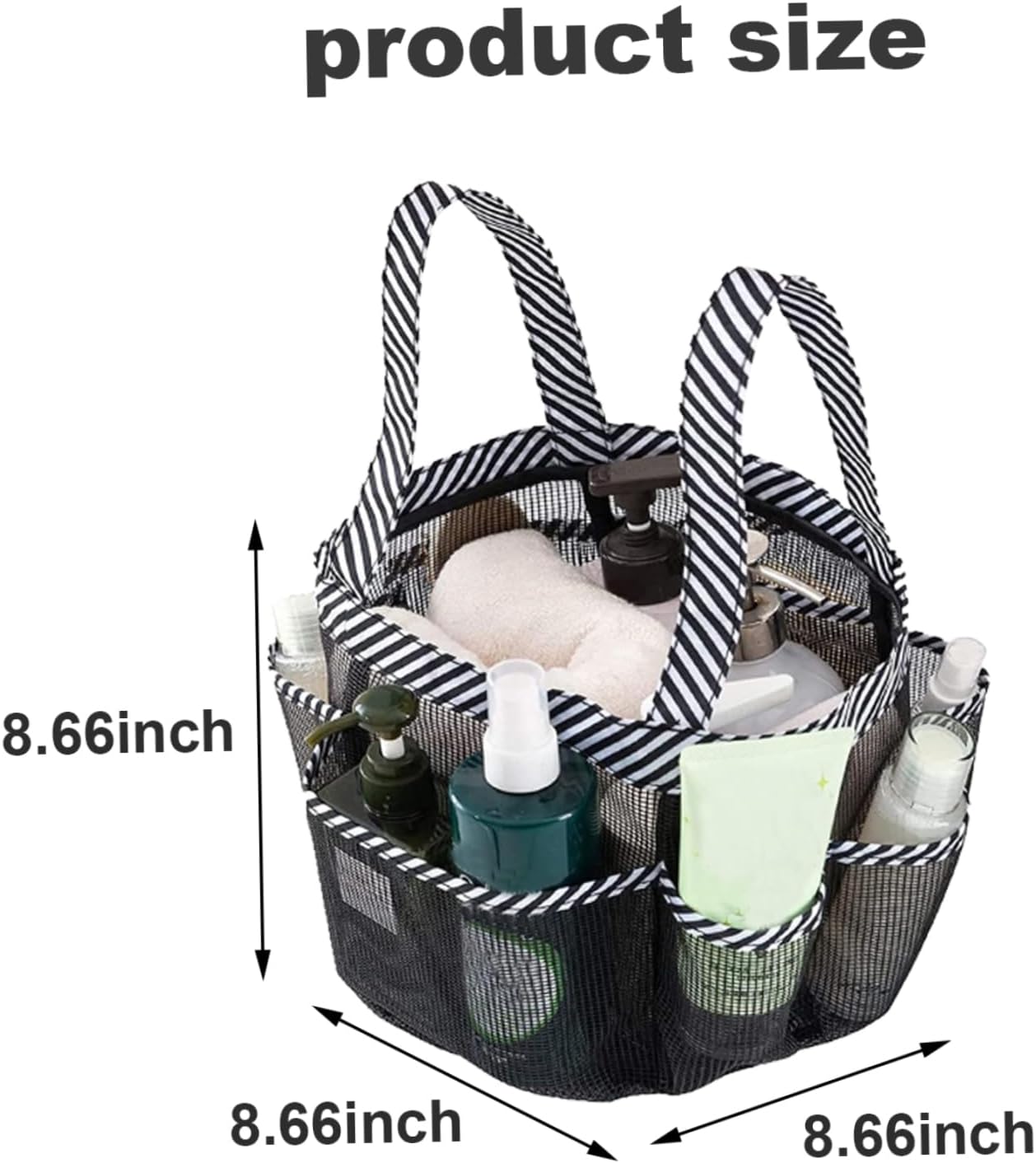 Mesh Shower Caddy with 8 Pockets Portable Black White