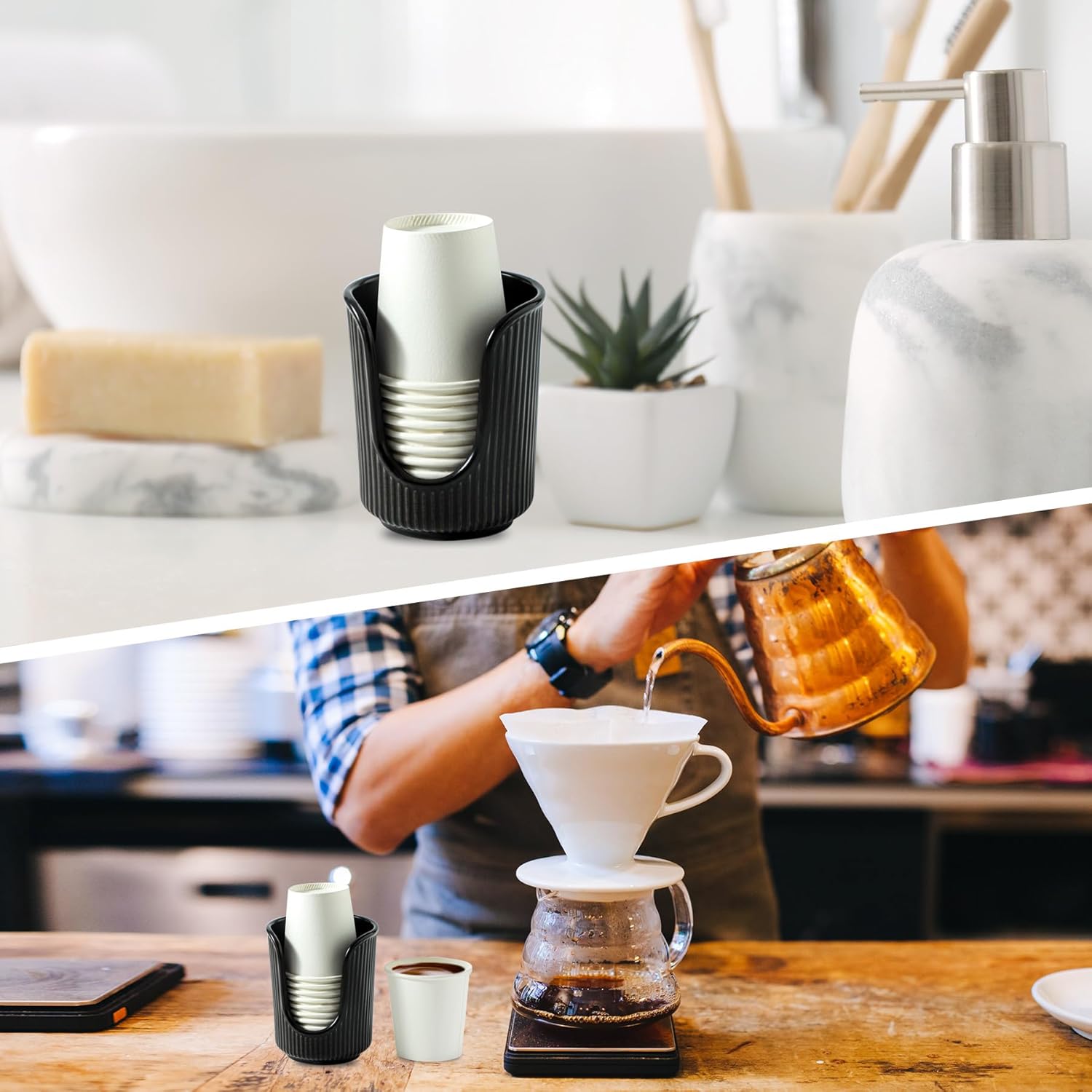 Dobbyby Ceramic Cup Dispenser with Vertical Stripes - Black
