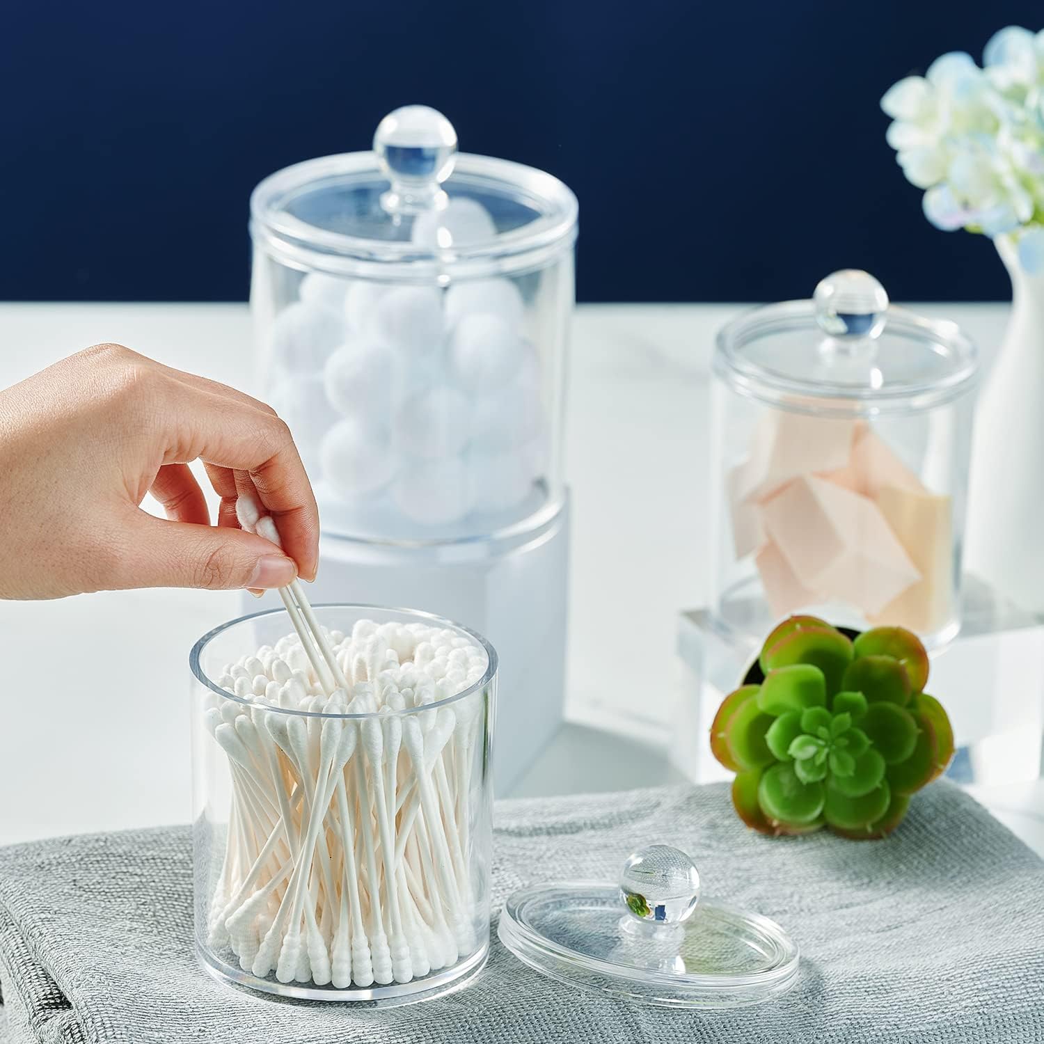 SheeChung Q-tip Holder Set with Tray - 4PCS Acrylic Canister Jars