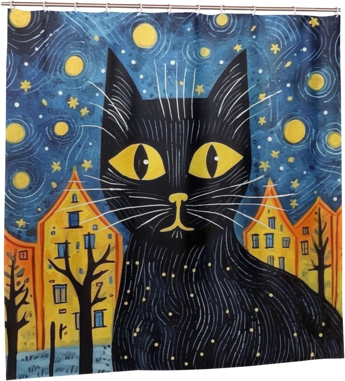 Black Cat Shower Curtain Set with 12 Hooks 72x72in 1