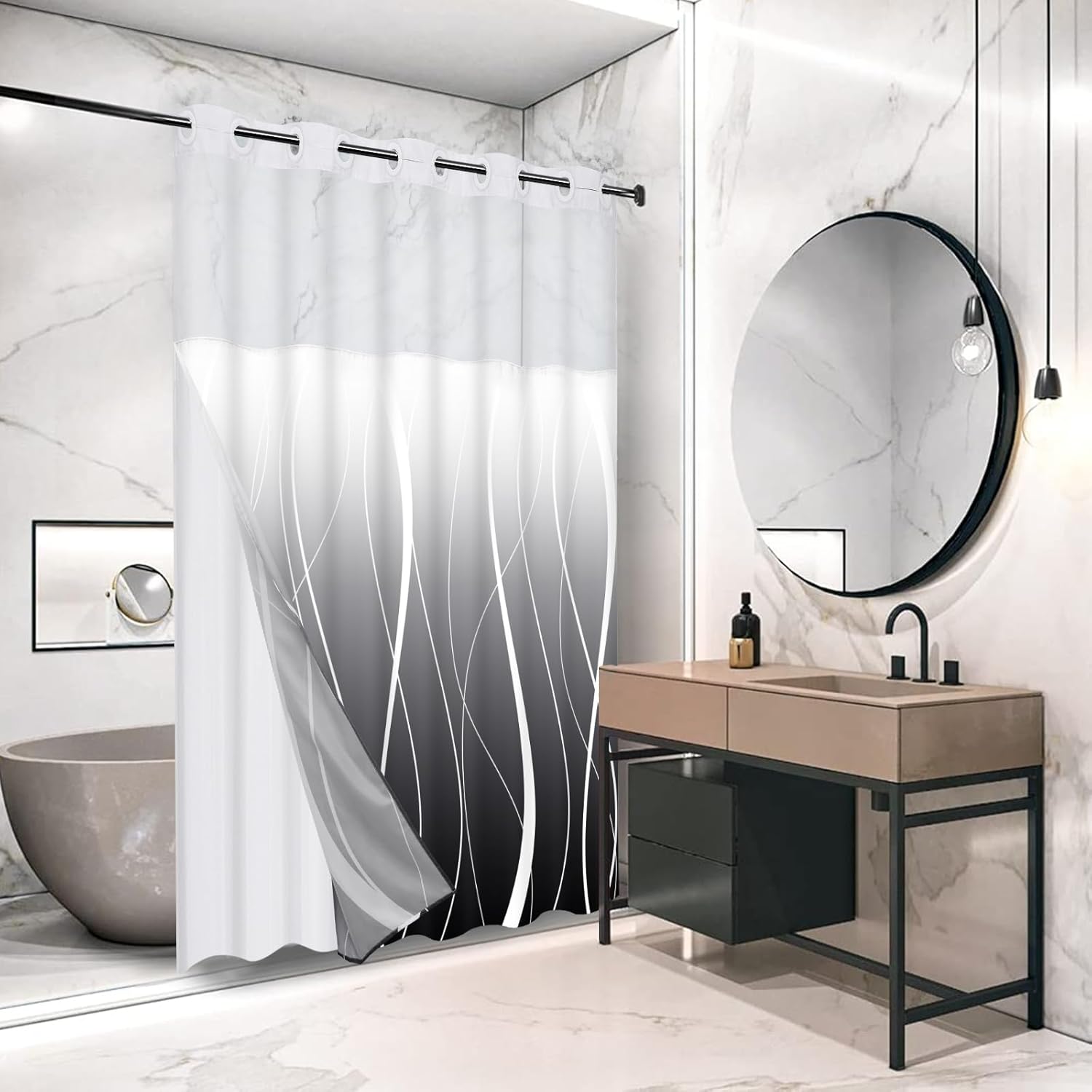 Likiyol Black Stripe Shower Curtain with Snap Liner Set