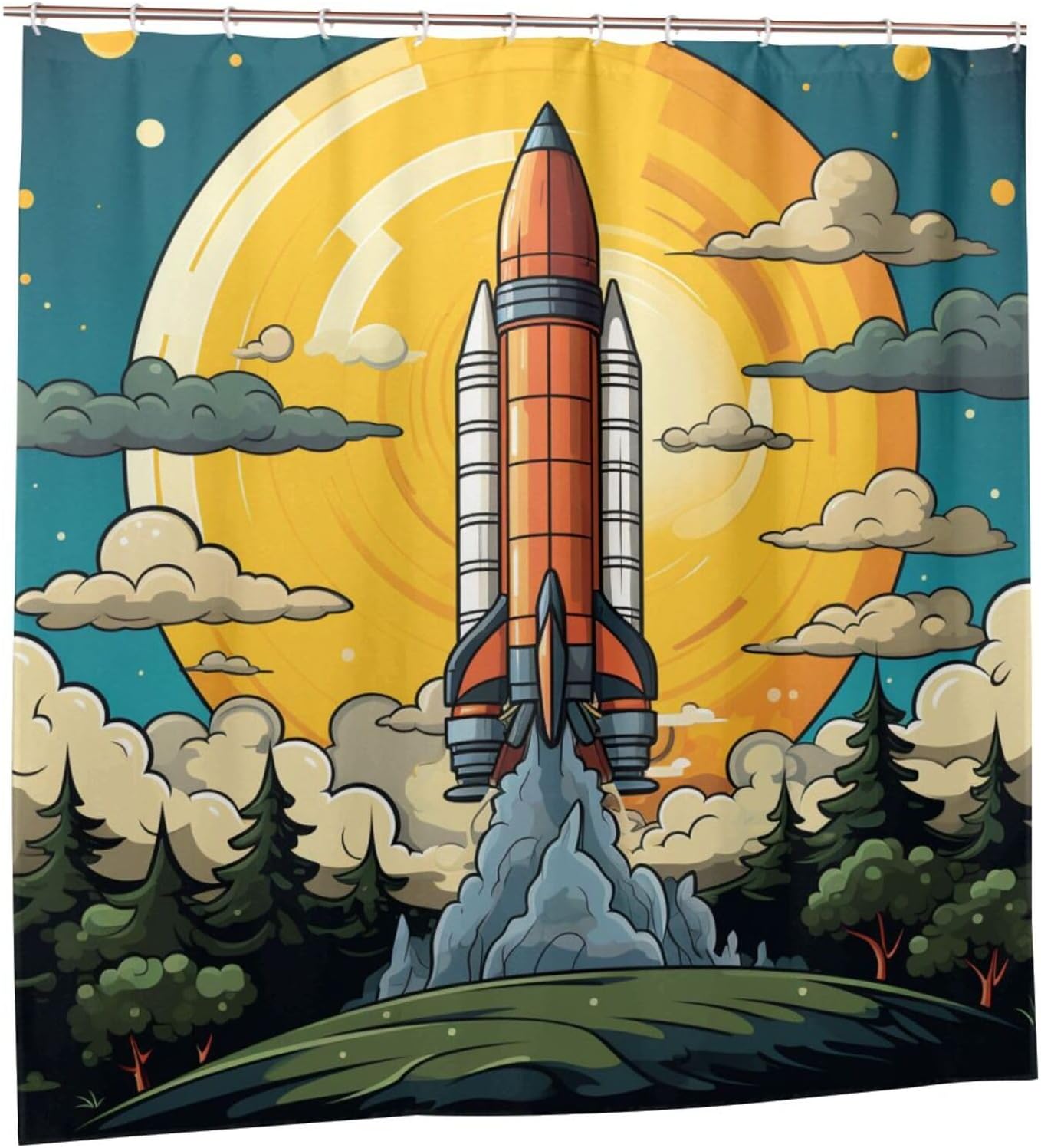 TIYAANDSY Cartoon Rocket Shower Curtain Set 72x72in with 12 Hooks