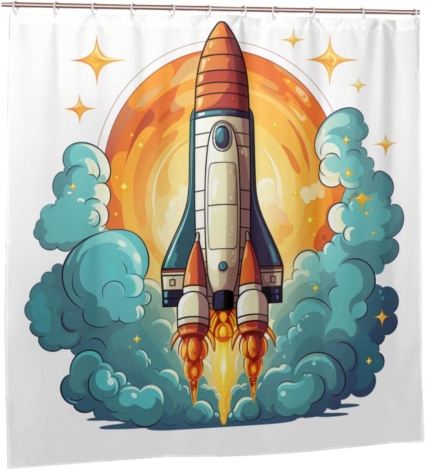 Cartoon Rocket Shower Curtain Set with 12 Hooks 72x72in