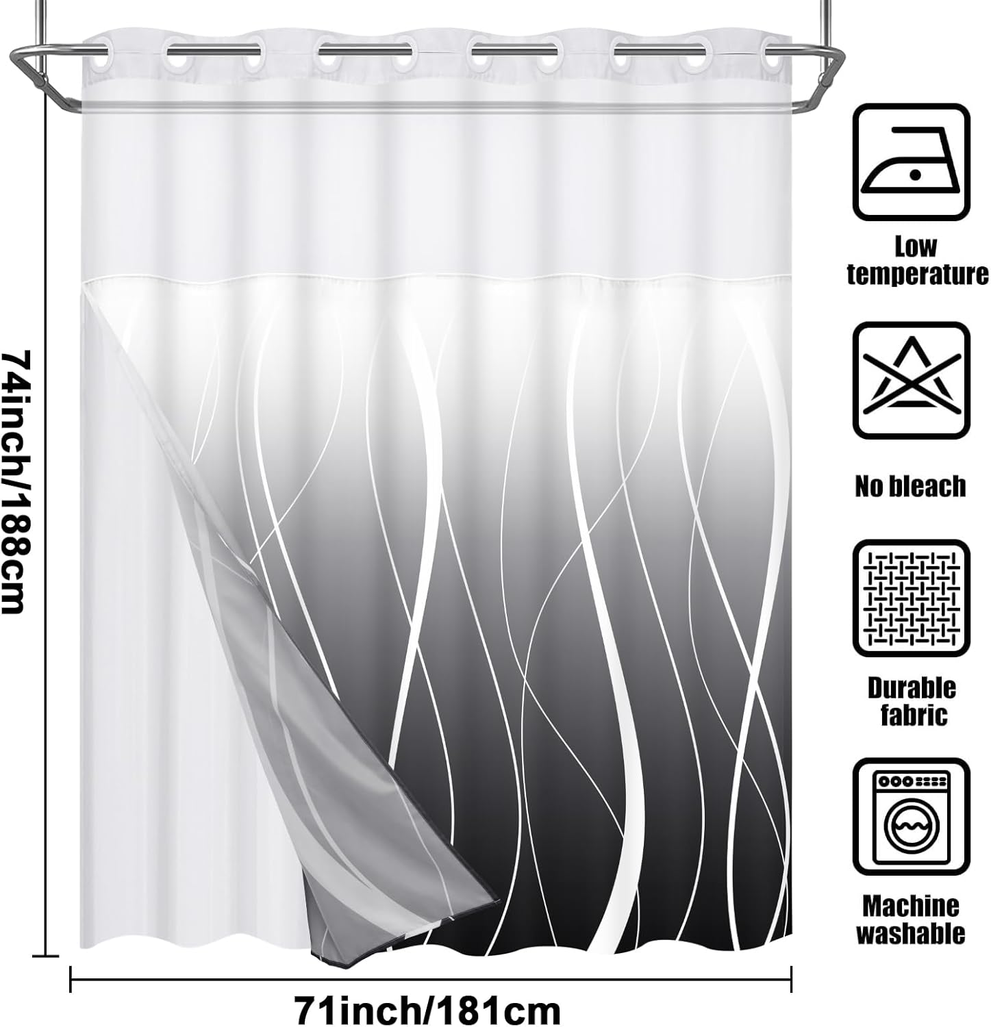 Likiyol Black Stripe Shower Curtain with Snap Liner Set