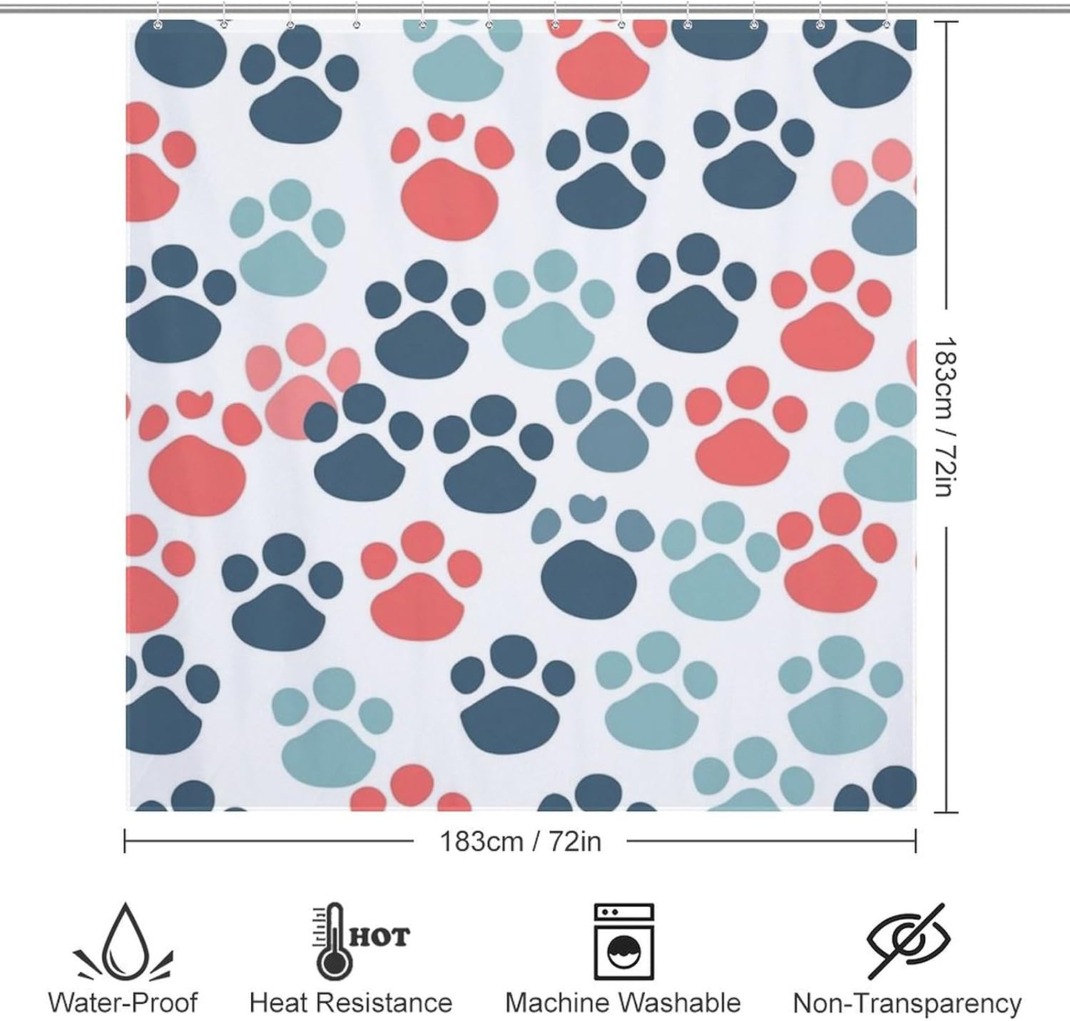 Colorful Paw Print Shower Curtain Set 72x72in