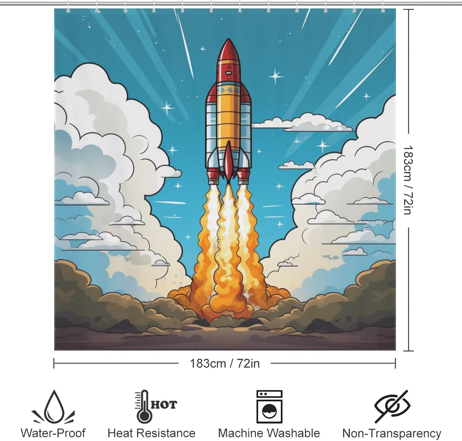 Cartoon Rocket Shower Curtain Set with 12 Hooks 72x72in 1