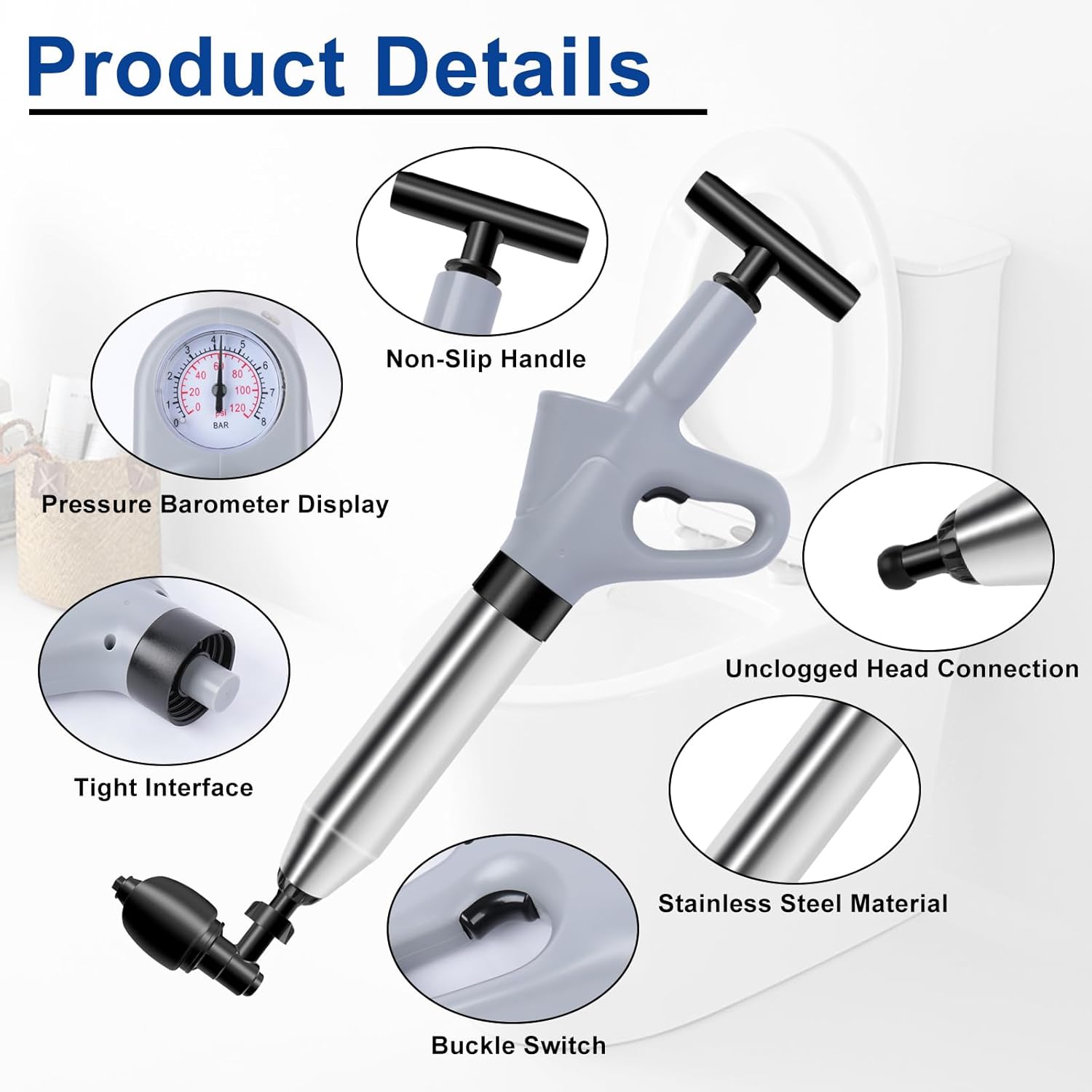 CAPHONT Toilet Plunger Blaster with Visual Barometer