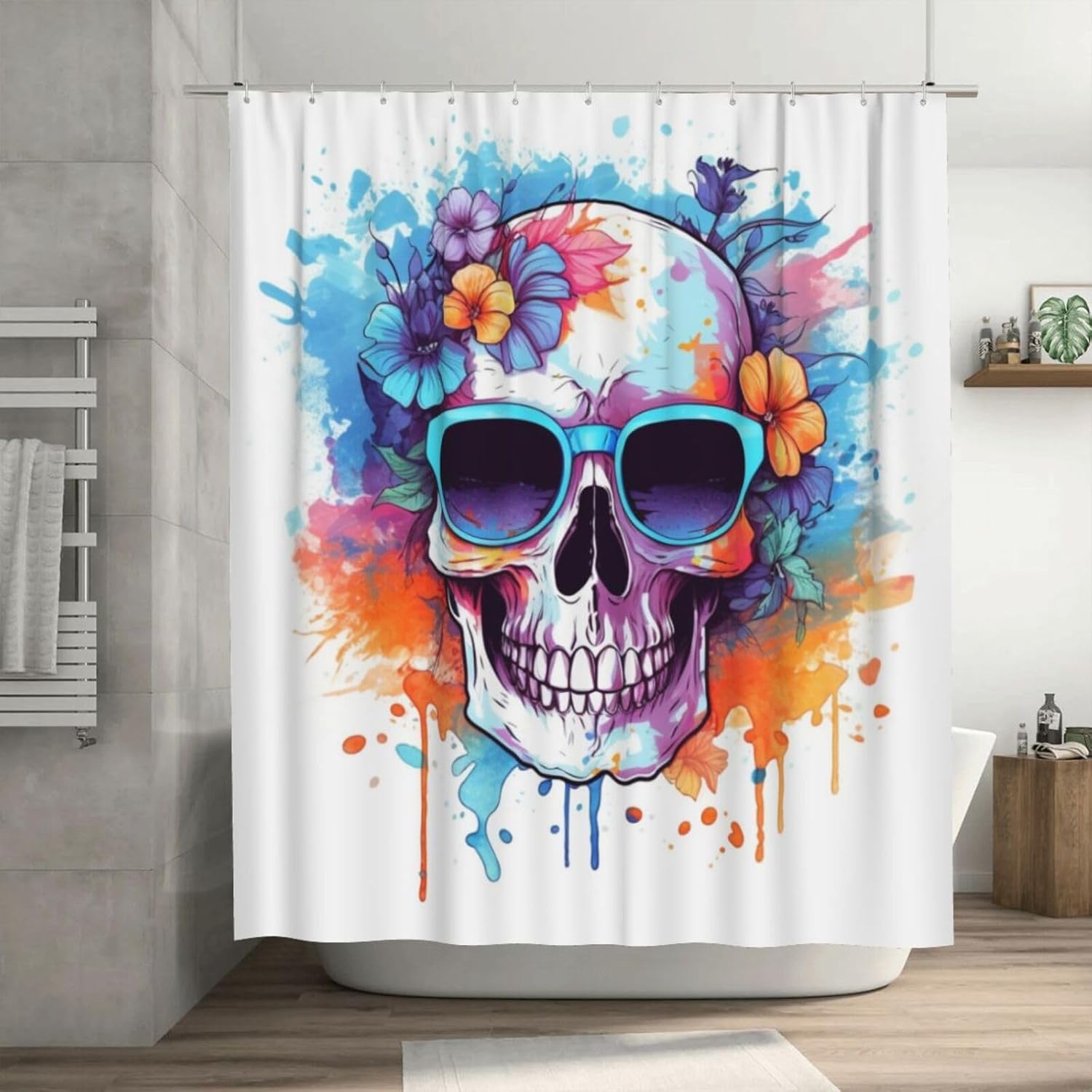 Boho Blue Flower Shower Curtain Set with 12 Hooks 1