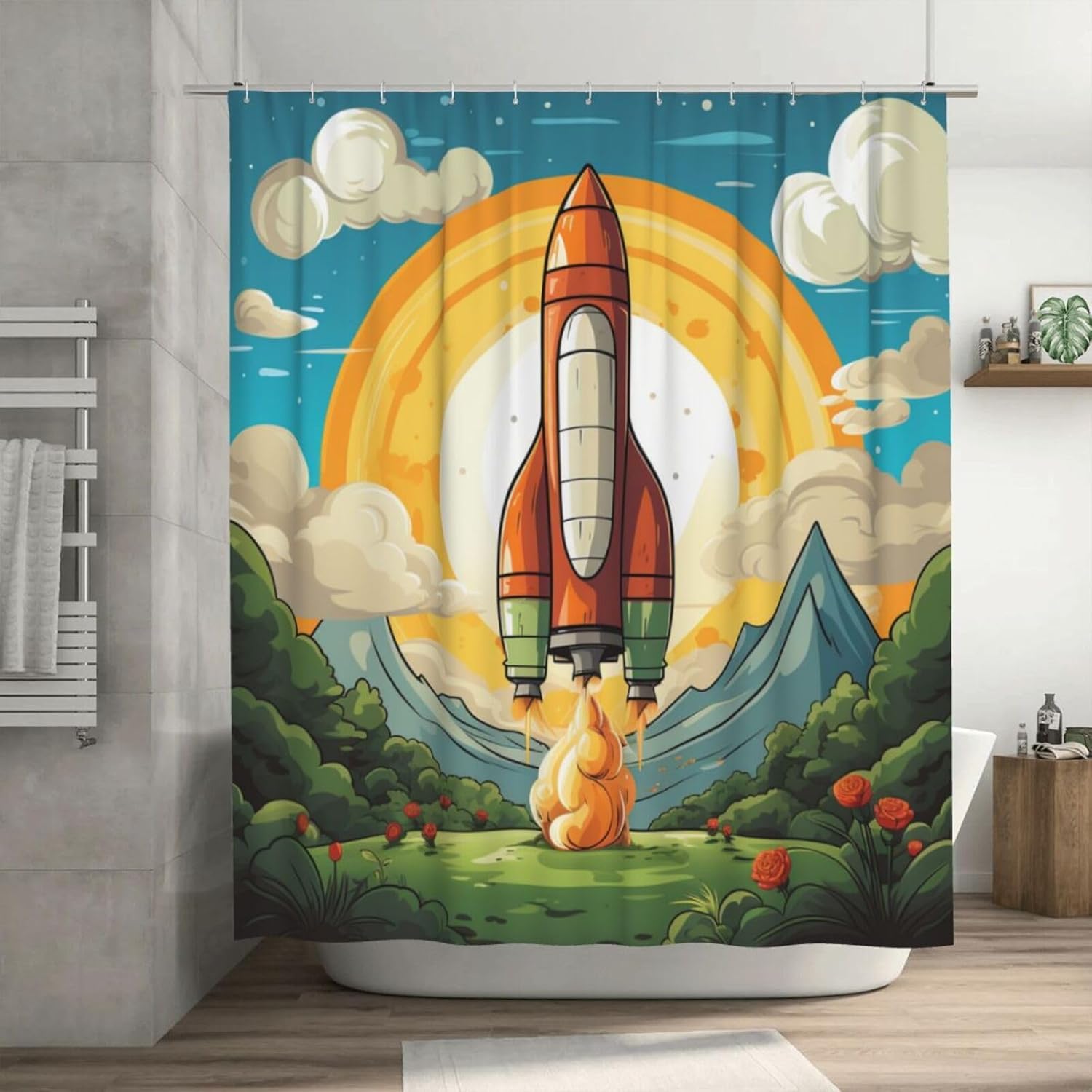 Cartoon Rocket Shower Curtain with 12 Hooks 72x72in