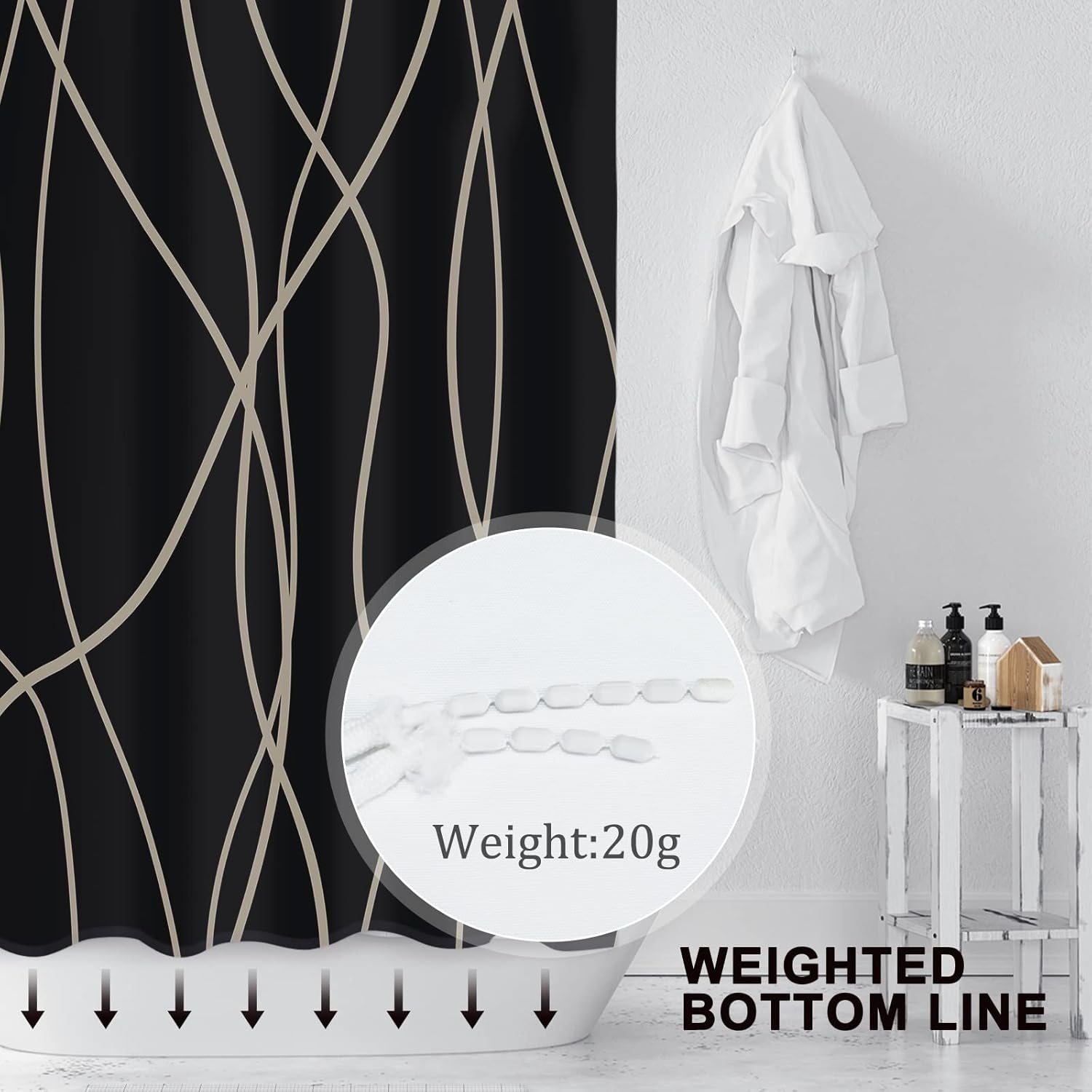 Punkray Wavy Line Polyester Shower Curtain with Hooks 72x72