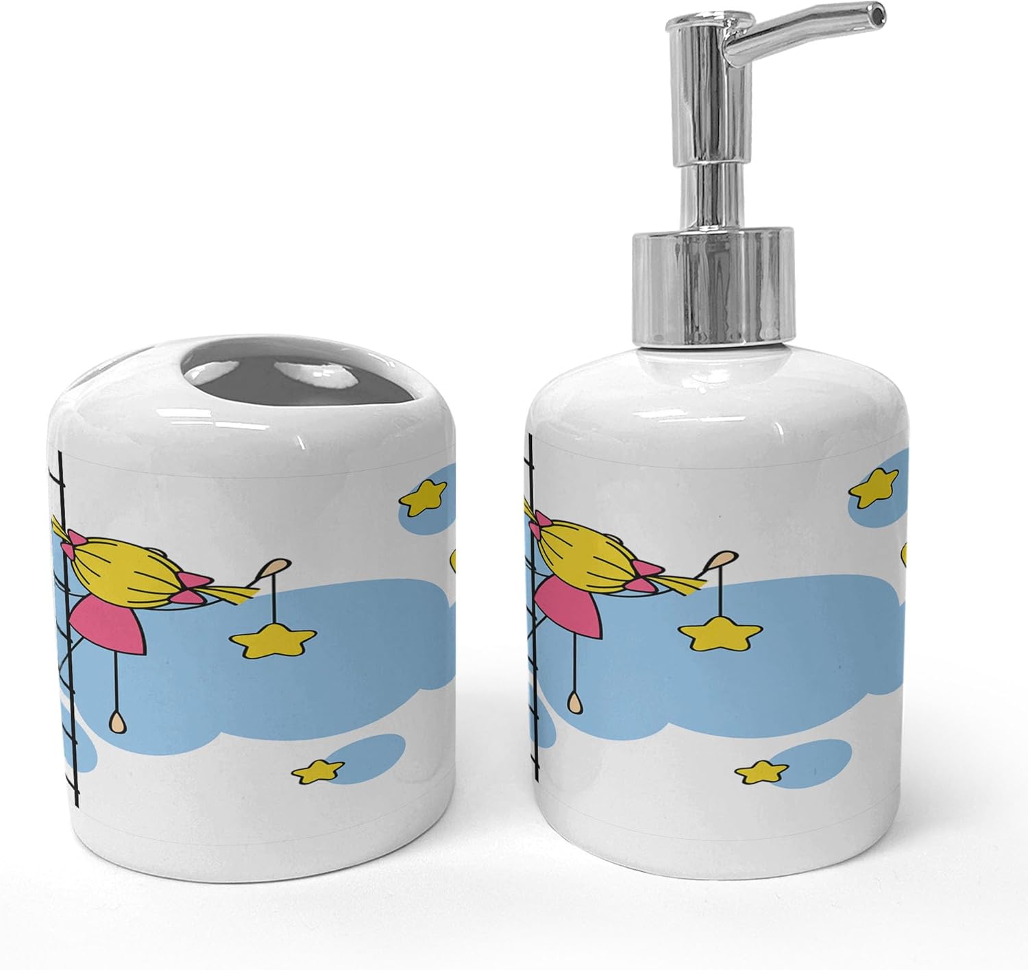 Ambesonne Star Soap Dispenser Toothbrush Holder Set Yellow Blue