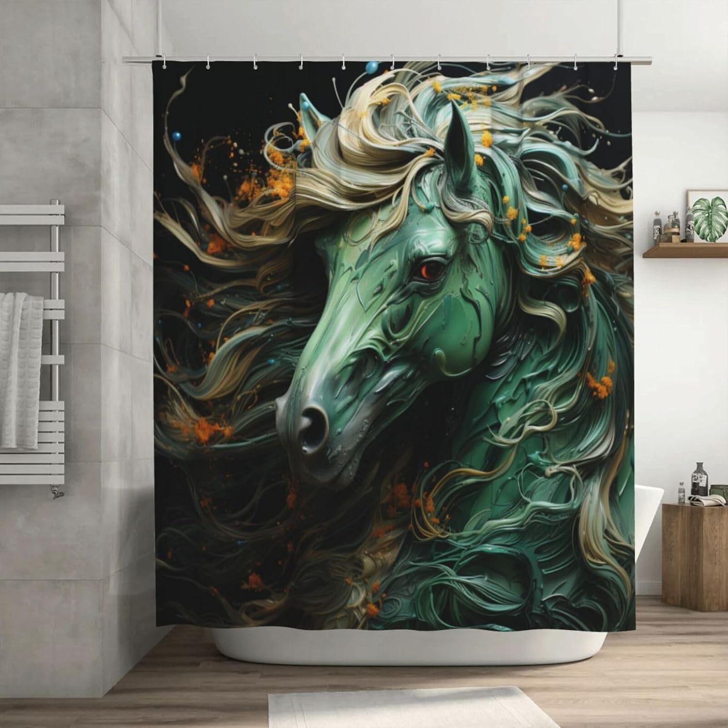 Green Horse Boho Shower Curtain Set with 12 Hooks 72x72in