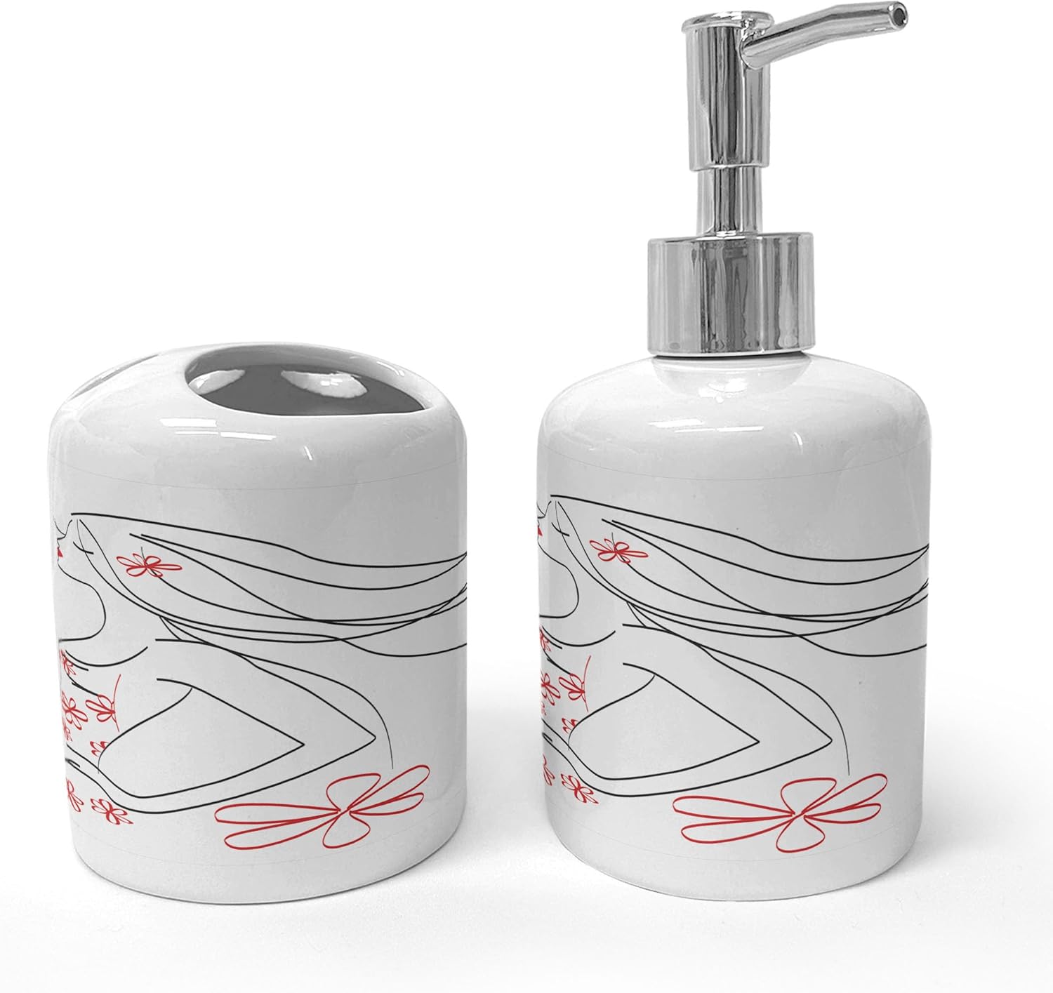 Ambesonne Ceramic Soap Dispenser Toothbrush Holder Set 2 Pcs Charcoal Grey Vermilion