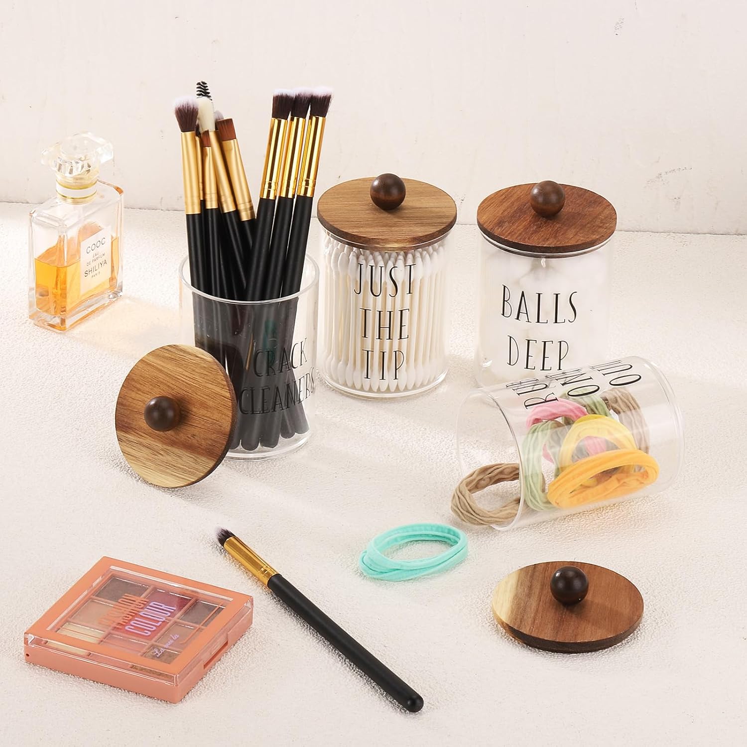 4 Pack Qtip Holder with Wood Lids - 10 oz Clear Storage Jars