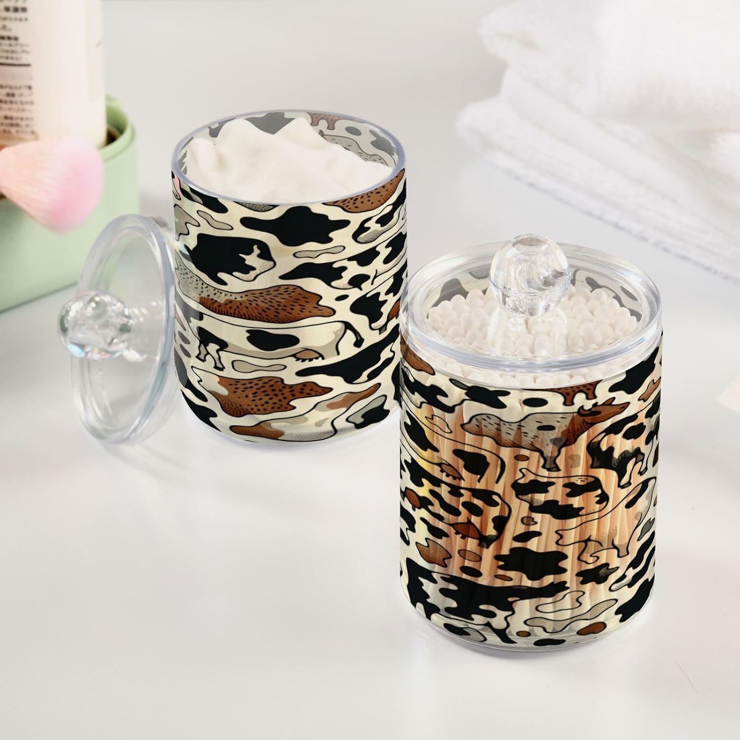 Qilmy Cow Pattern Q-Tip Holder 2 Pack Clear Plastic Apothecary Jars