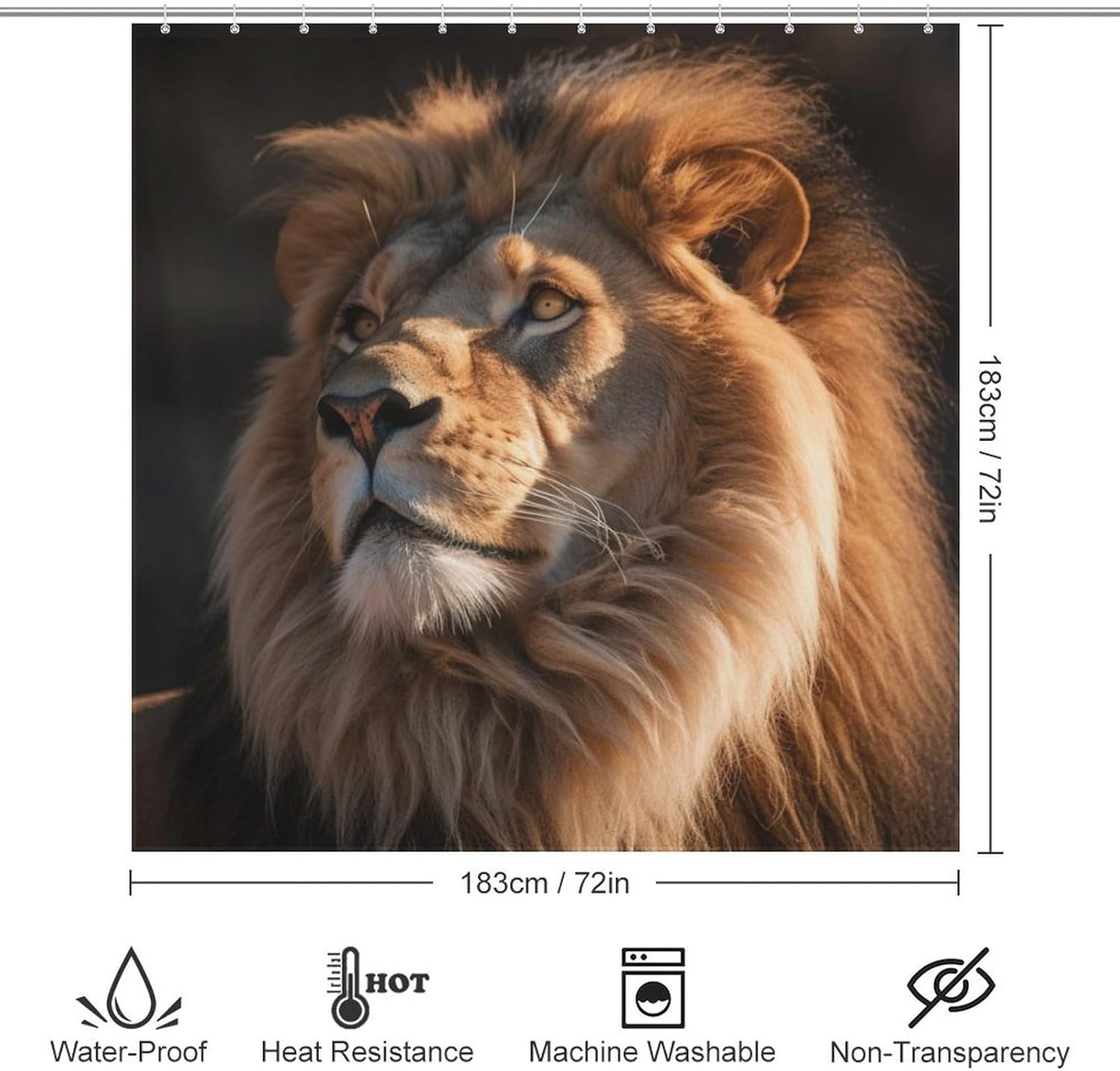 Brown Lion Waterproof Shower Curtain Set with 12 Hooks 72x72in