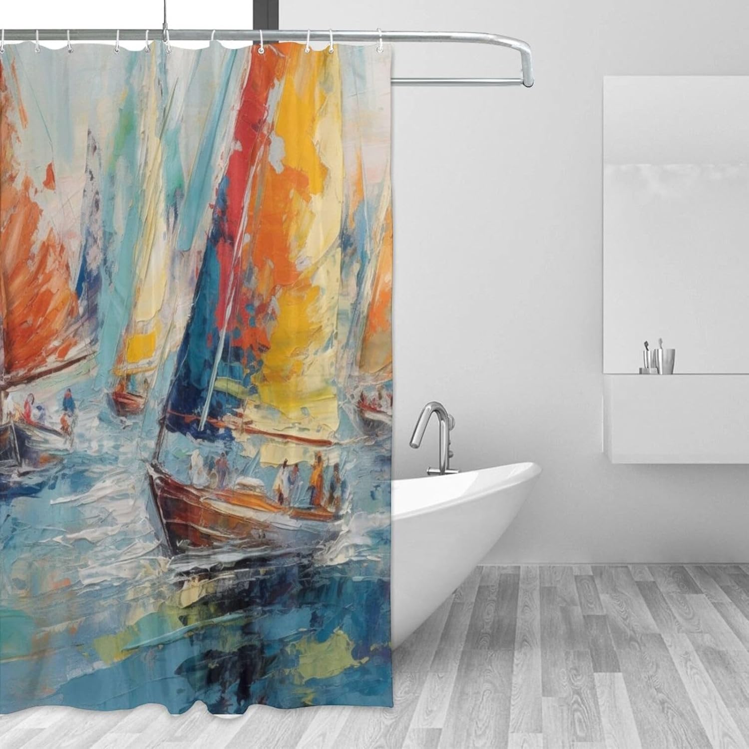 Red White Sailboat Shower Curtain Set with 12 Hooks 72x72in