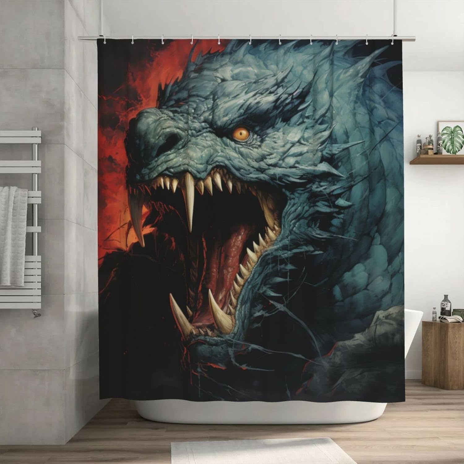 Roaring Dragon Waterproof Shower Curtain Set 72x72in with 12 Hooks