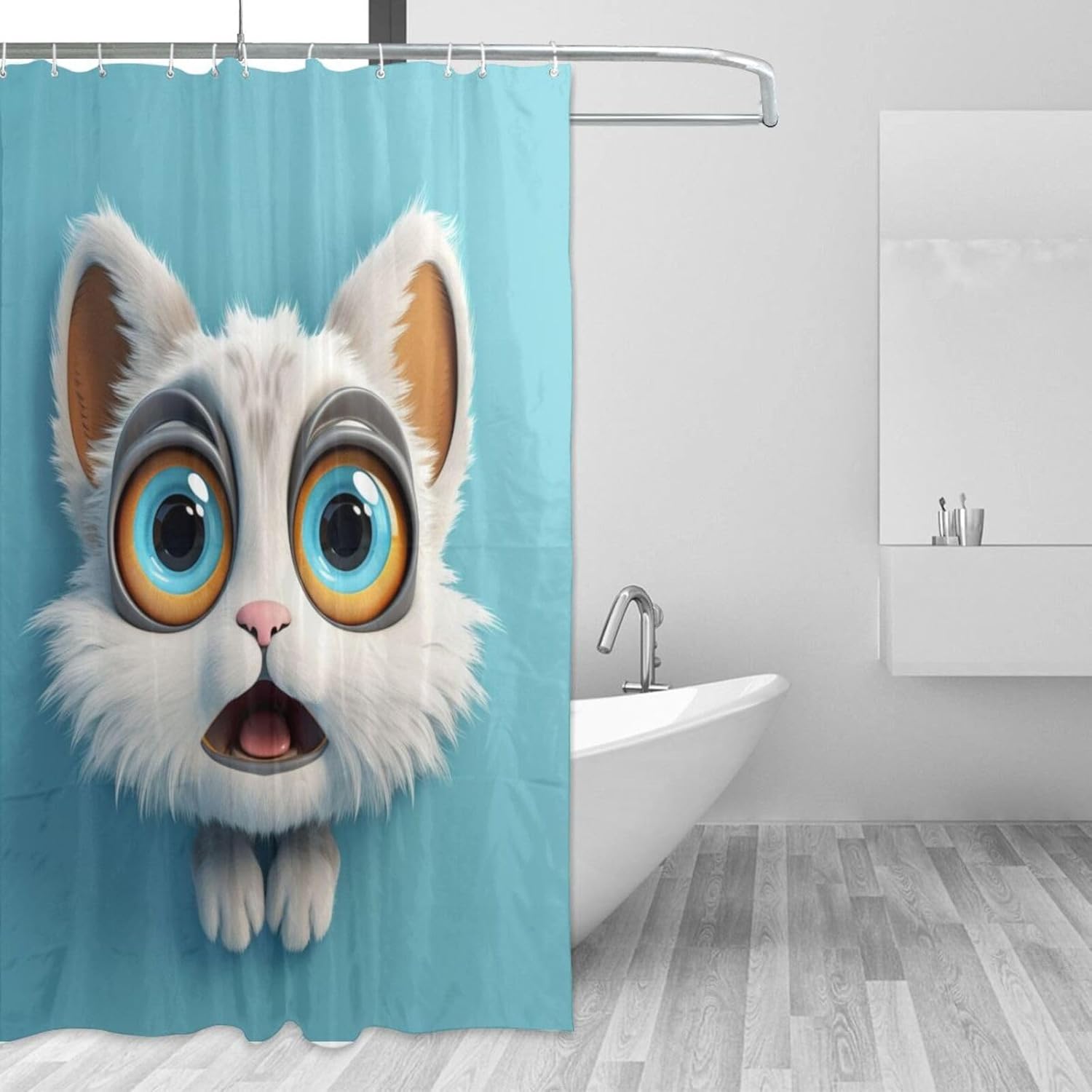White Cat Boho Shower Curtain Set with 12 Hooks 72x72in