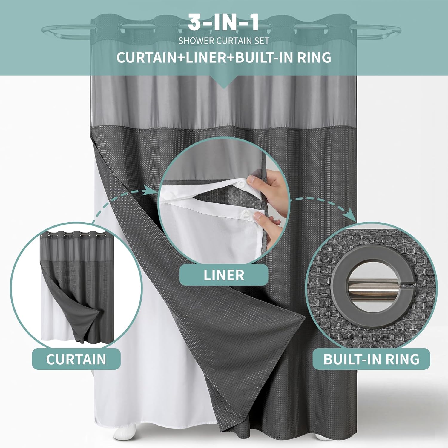 Charcoal Grey Waffle Weave Shower Curtain with Snap Liner Replacement