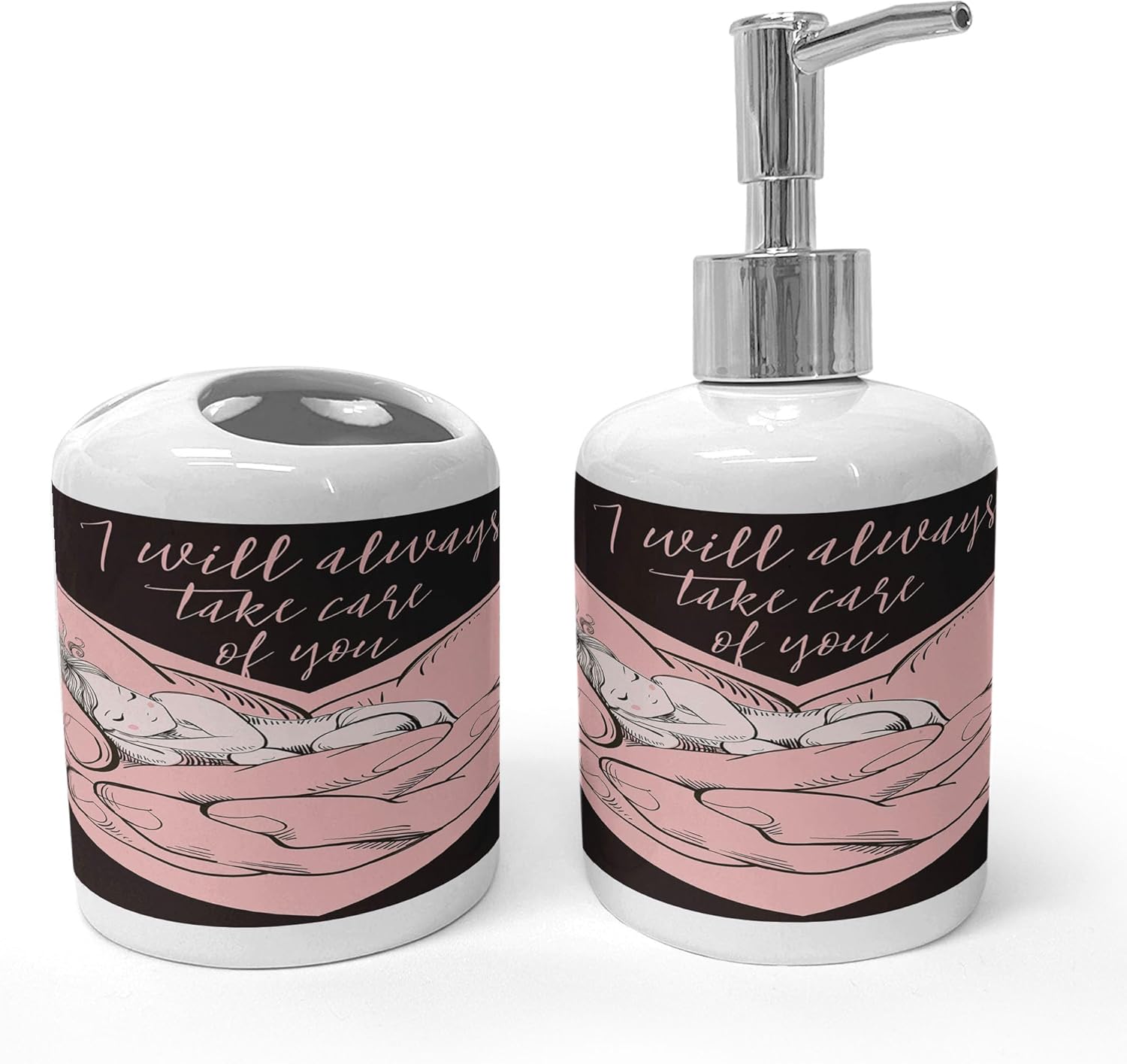 Ambesonne Love Theme Soap Dispenser Toothbrush Holder Set Pale Pink Dark Brown