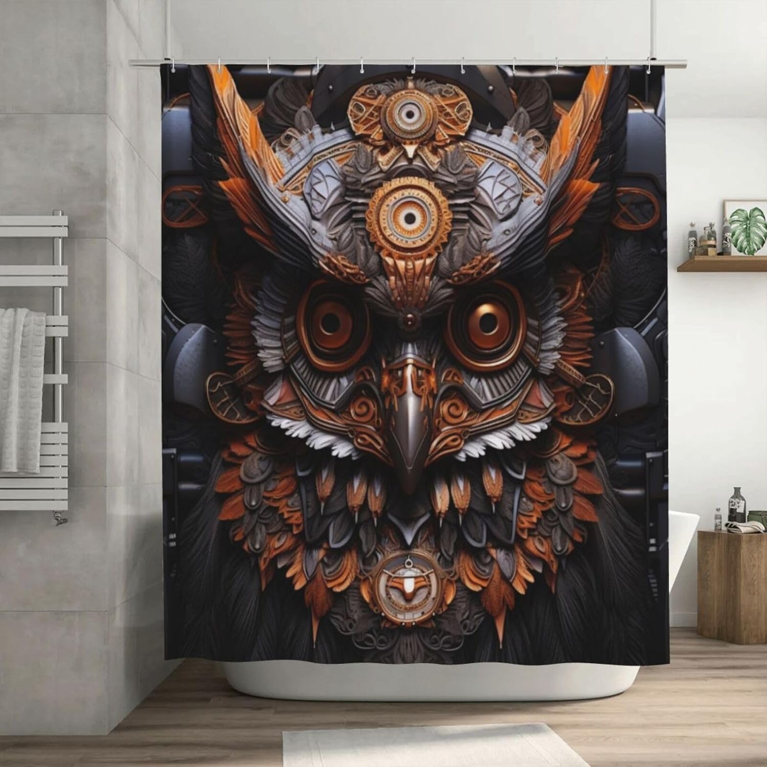 Mecha Owl Waterproof Shower Curtain Set with 12 Hooks 72x72in