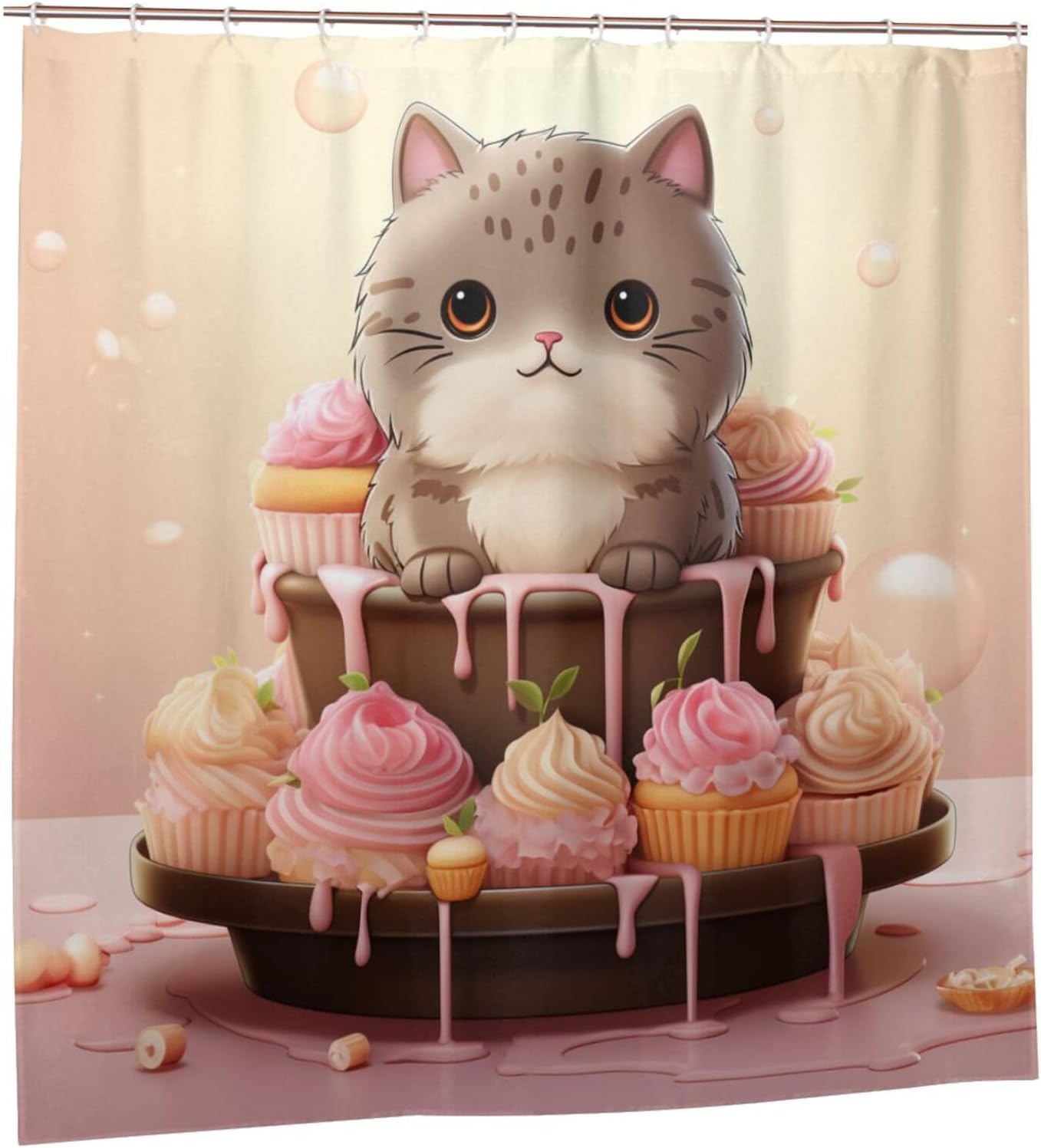 Cute Pink Ice Cream Cat Shower Curtain Set with 12 Hooks 72x72in