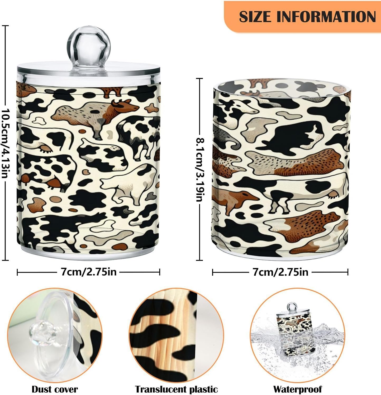 Qilmy Cow Pattern Q-Tip Holder 2 Pack Clear Plastic Apothecary Jars