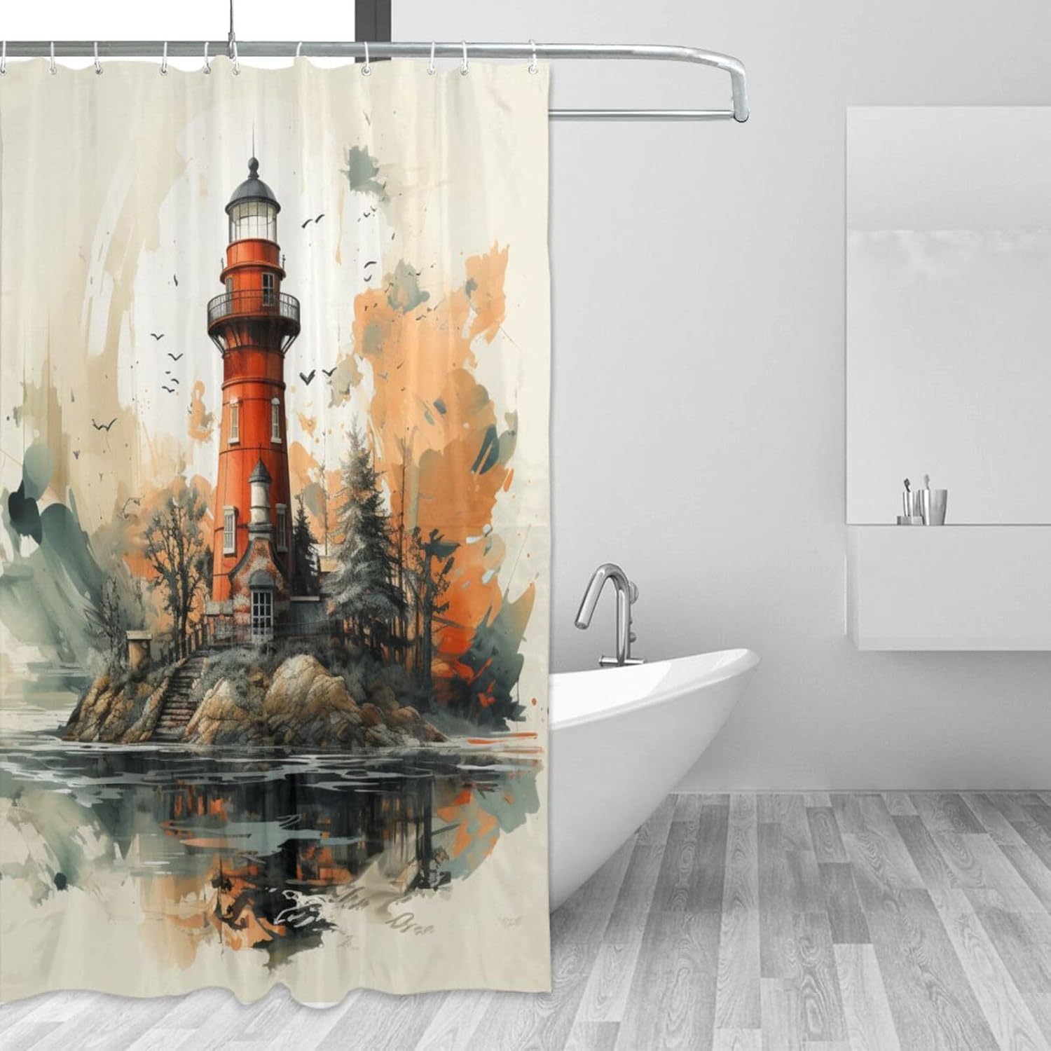 Lighthouse Shower Curtain Set with 12 Hooks 72x72in