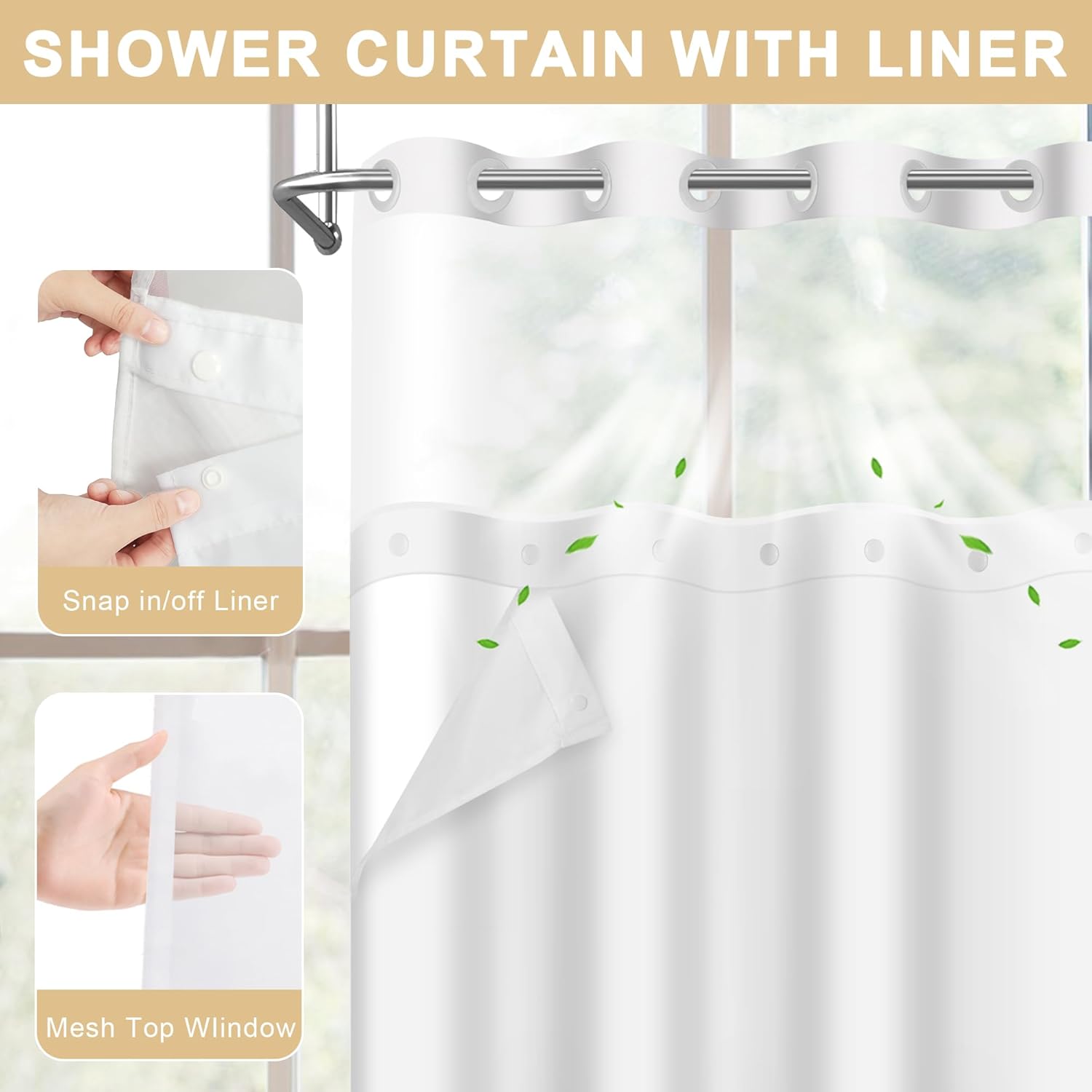 No Hook Flower Shower Curtain with Snap Liner 71x74 Inches