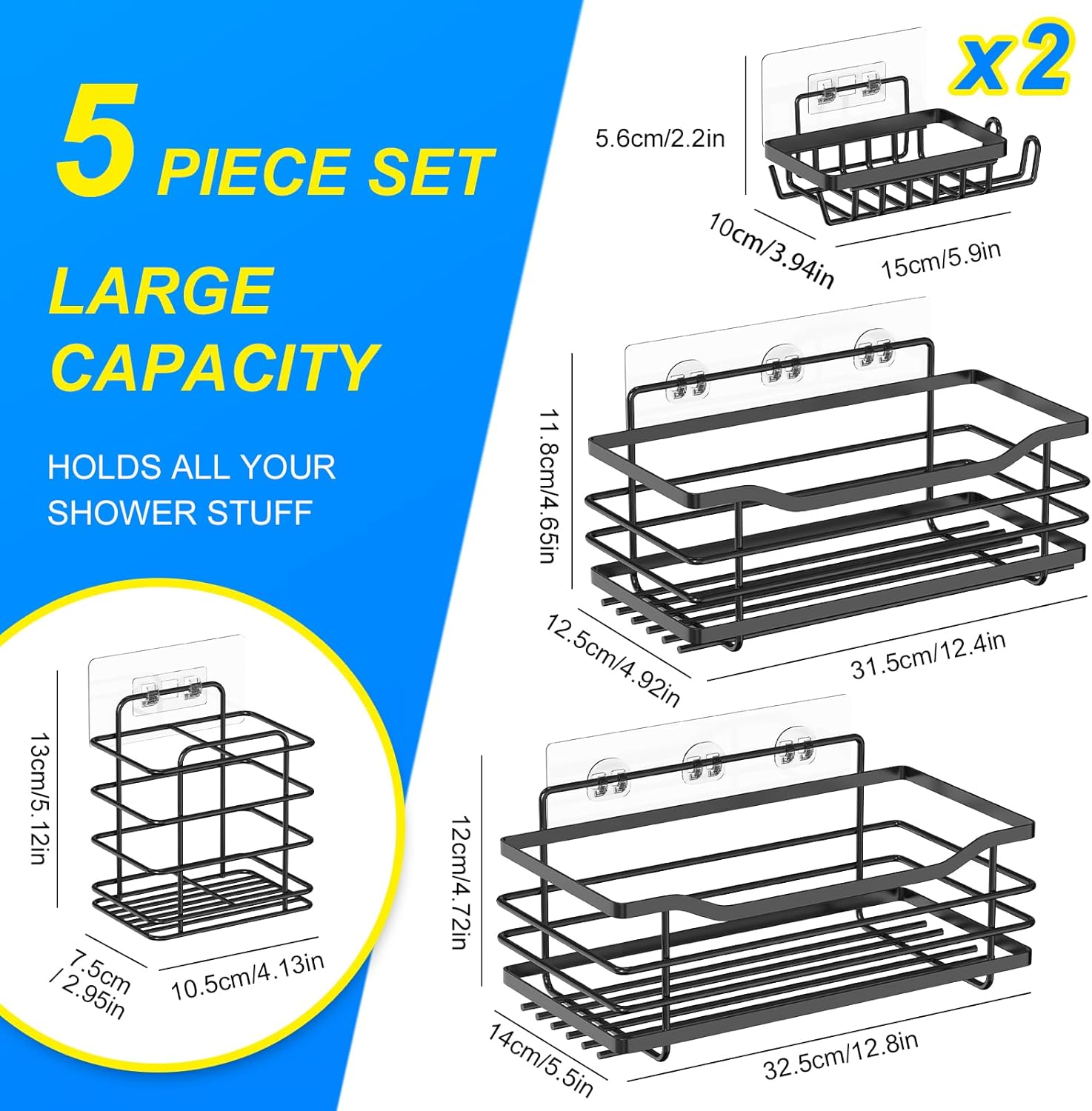 Stainless Steel Shower Caddy Set with 5 Adhesive Holders