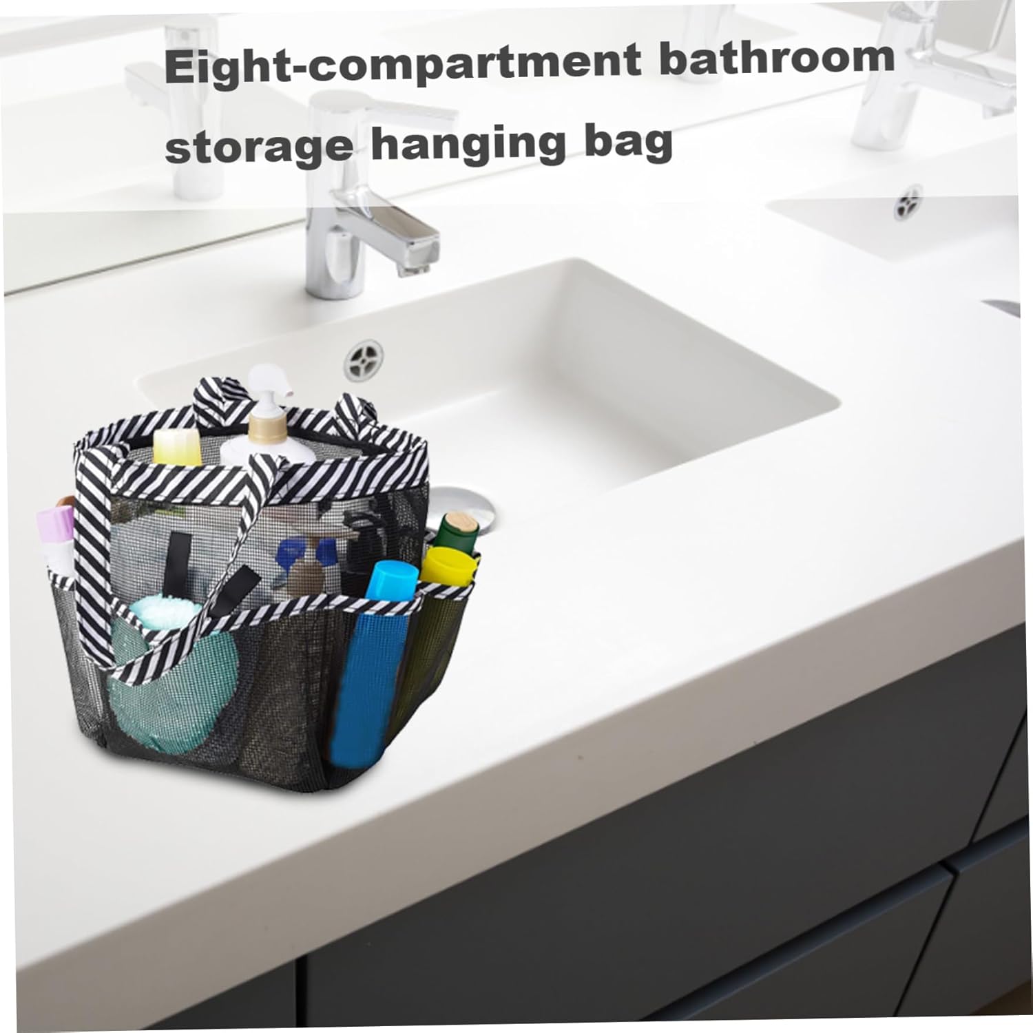 Mesh Shower Caddy with 8 Pockets Portable Black White