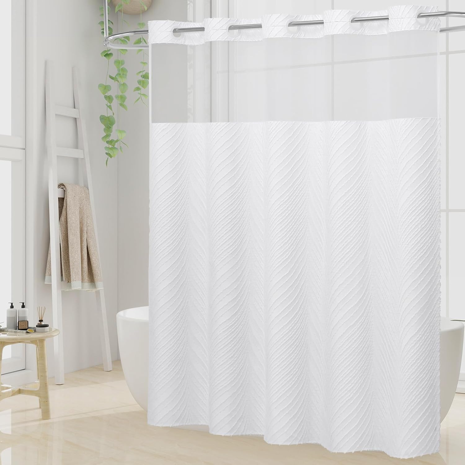 Boho White Shower Curtain Set with Snap Liner and Tufted Design