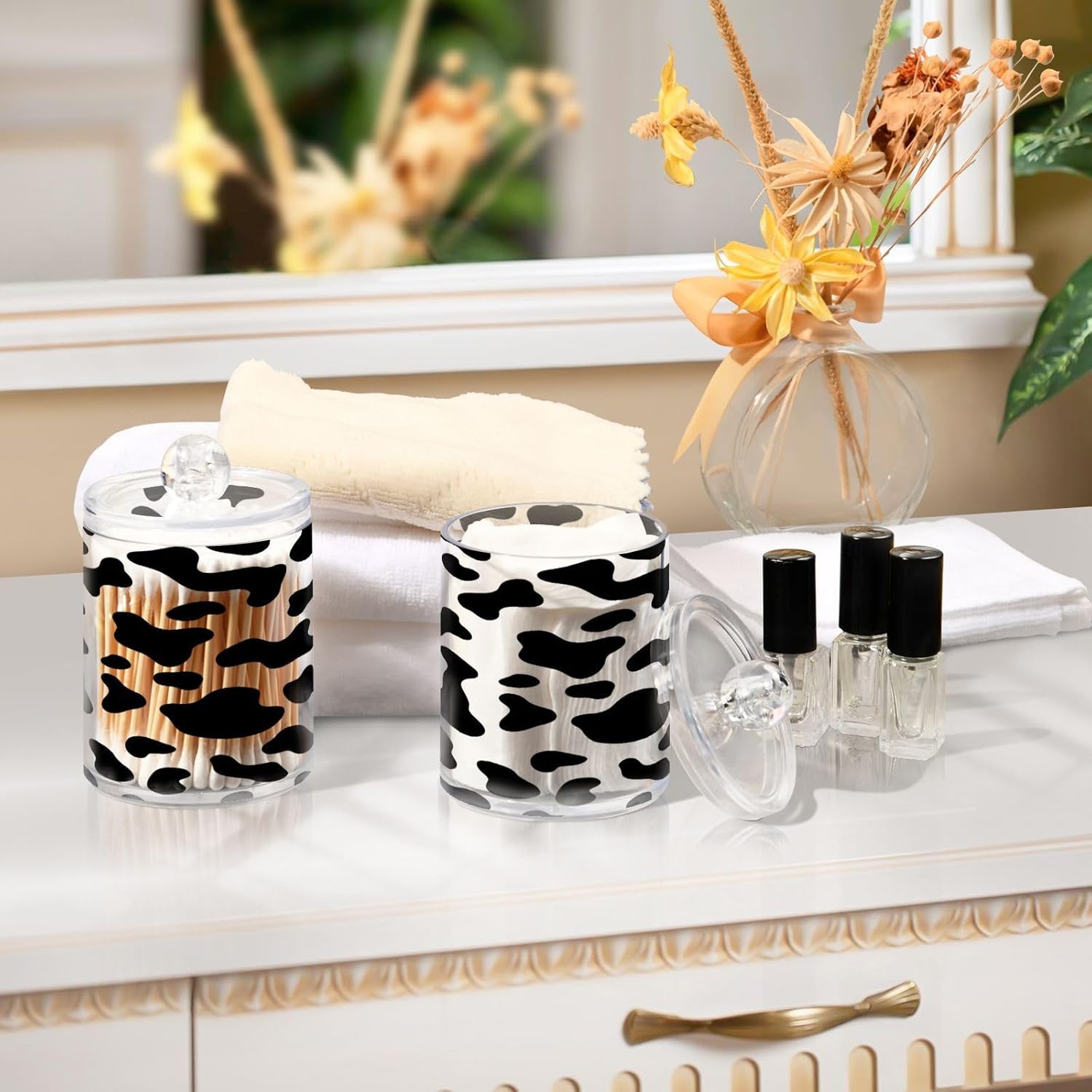 Qilmy Black Cow Spots Qtip Holder 2 Pack Canister
