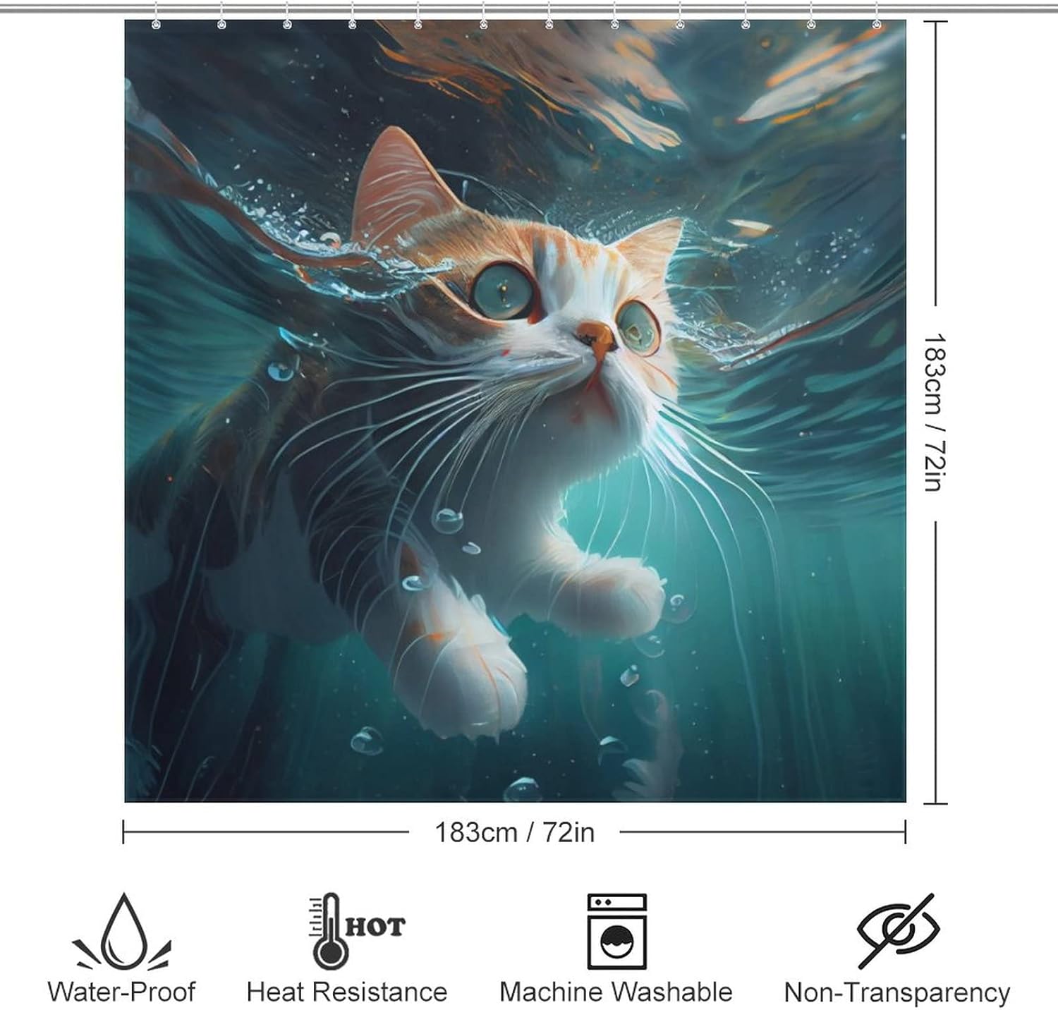 TIYAANDSY Underwater Cat Shower Curtain Set 72x72in with 12 Hooks