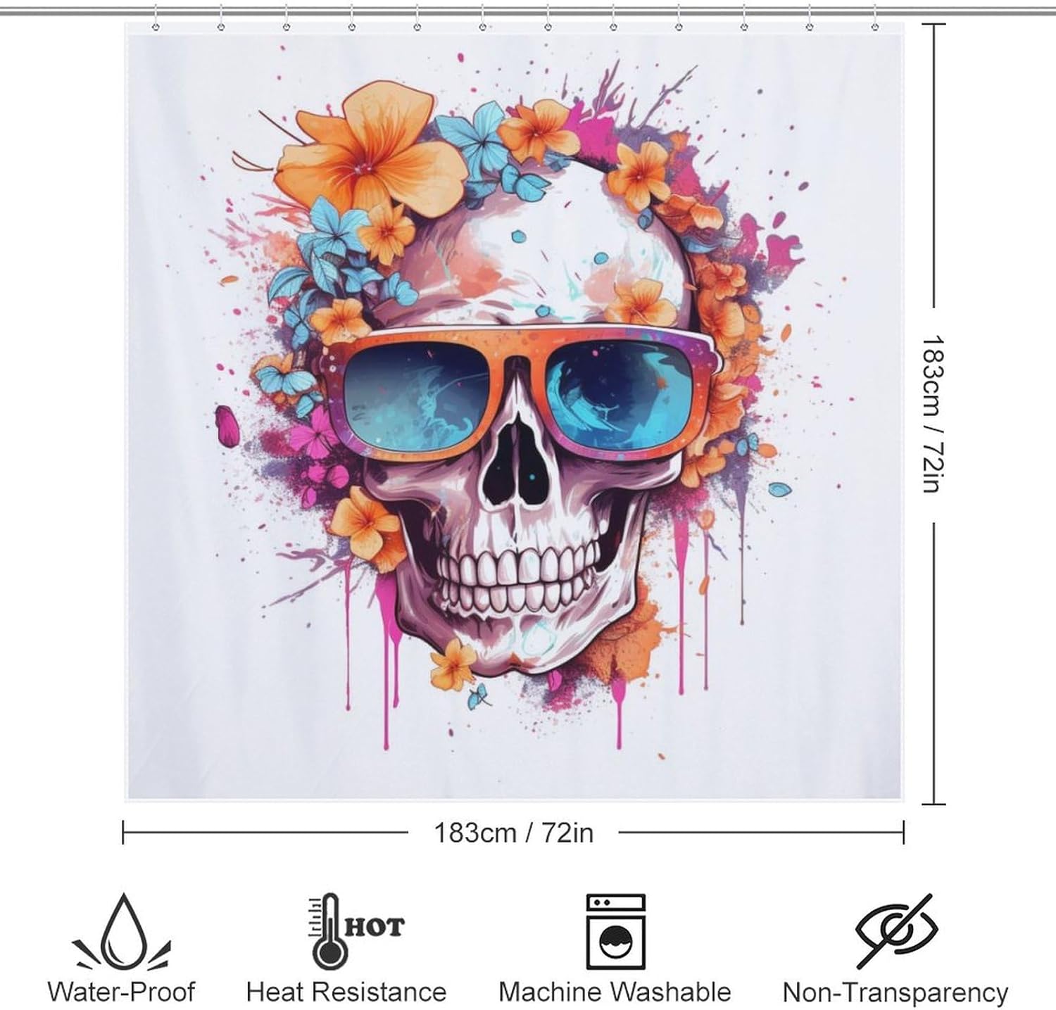 Boho Blue Flower Skull Shower Curtain Set with 12 Hooks 1
