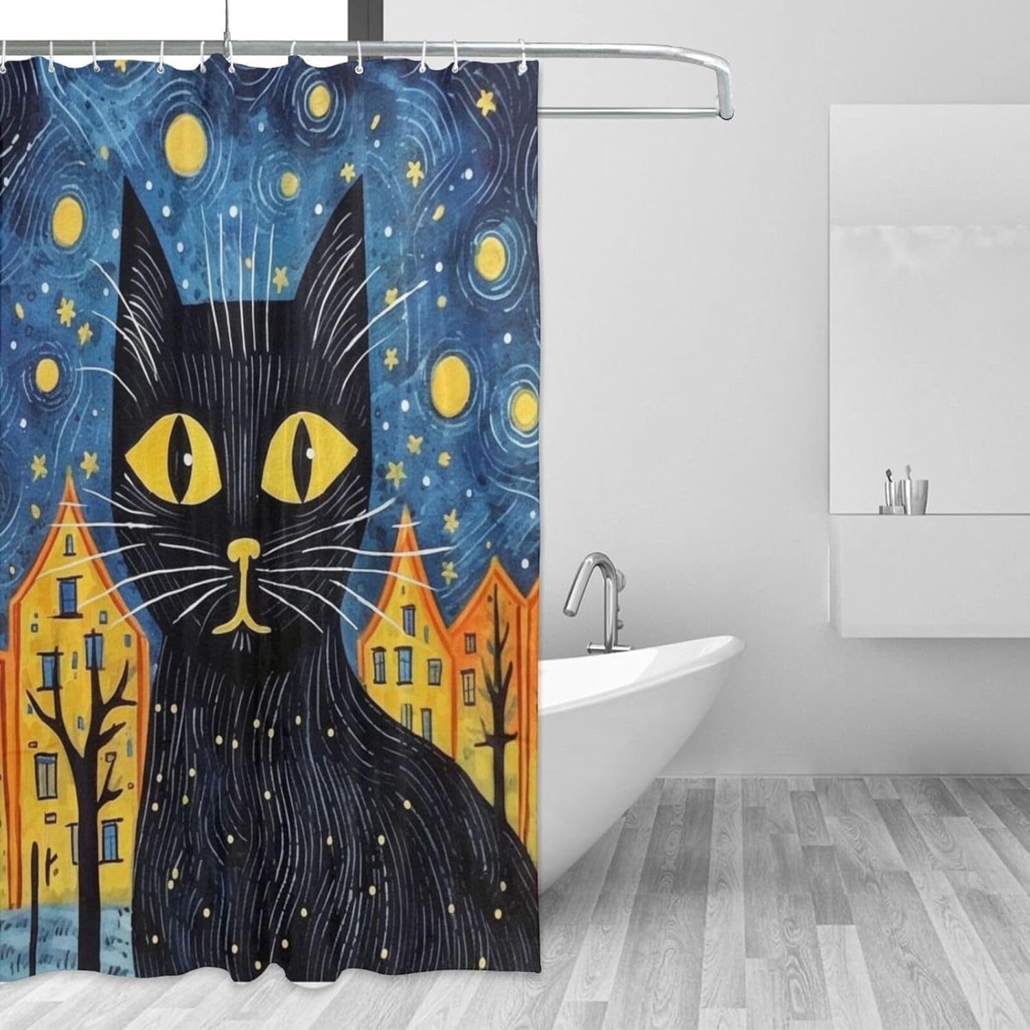 Black Cat Shower Curtain Set with 12 Hooks 72x72in 1