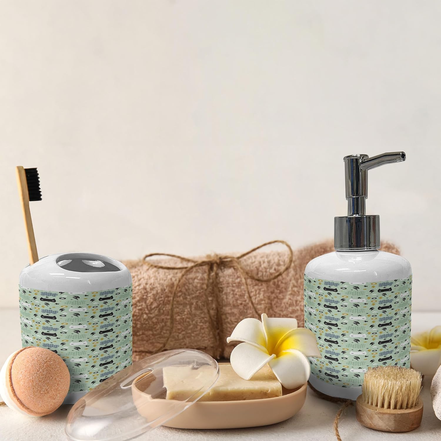 Ambesonne Cartoon Soap Dispenser Toothbrush Holder Set 2 Pcs Mint Green