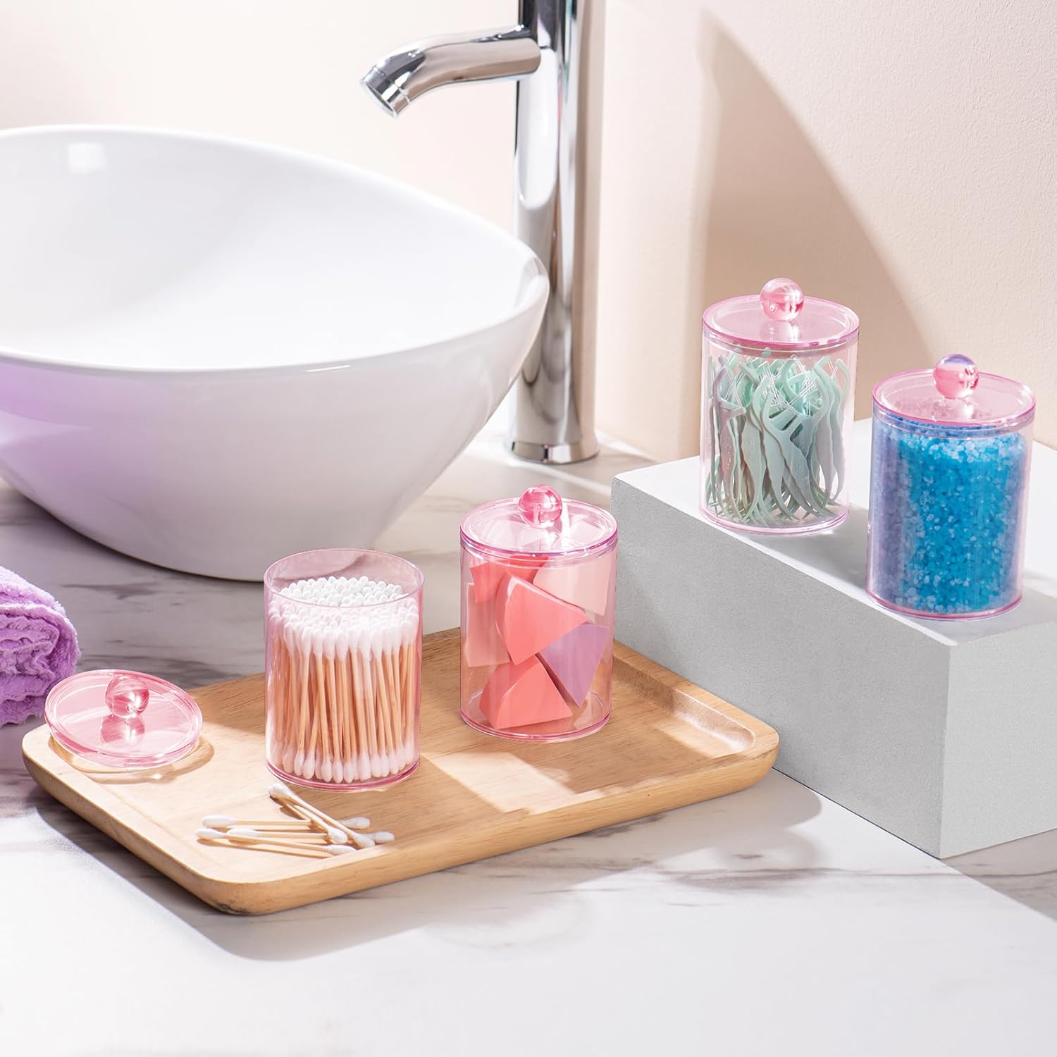 4 Pack Bathroom Canister Set with Lids - Pink