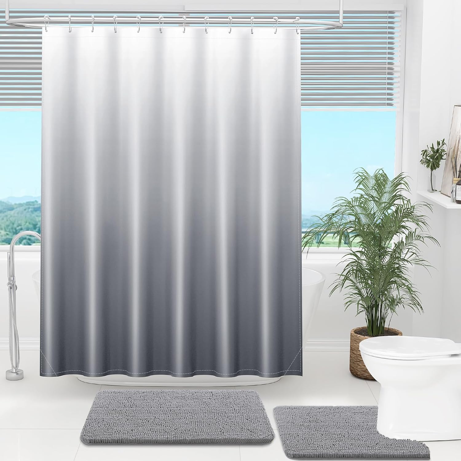 OLANLY Luxury Grey White Ombre Shower Curtain Set with 12 Hooks 1
