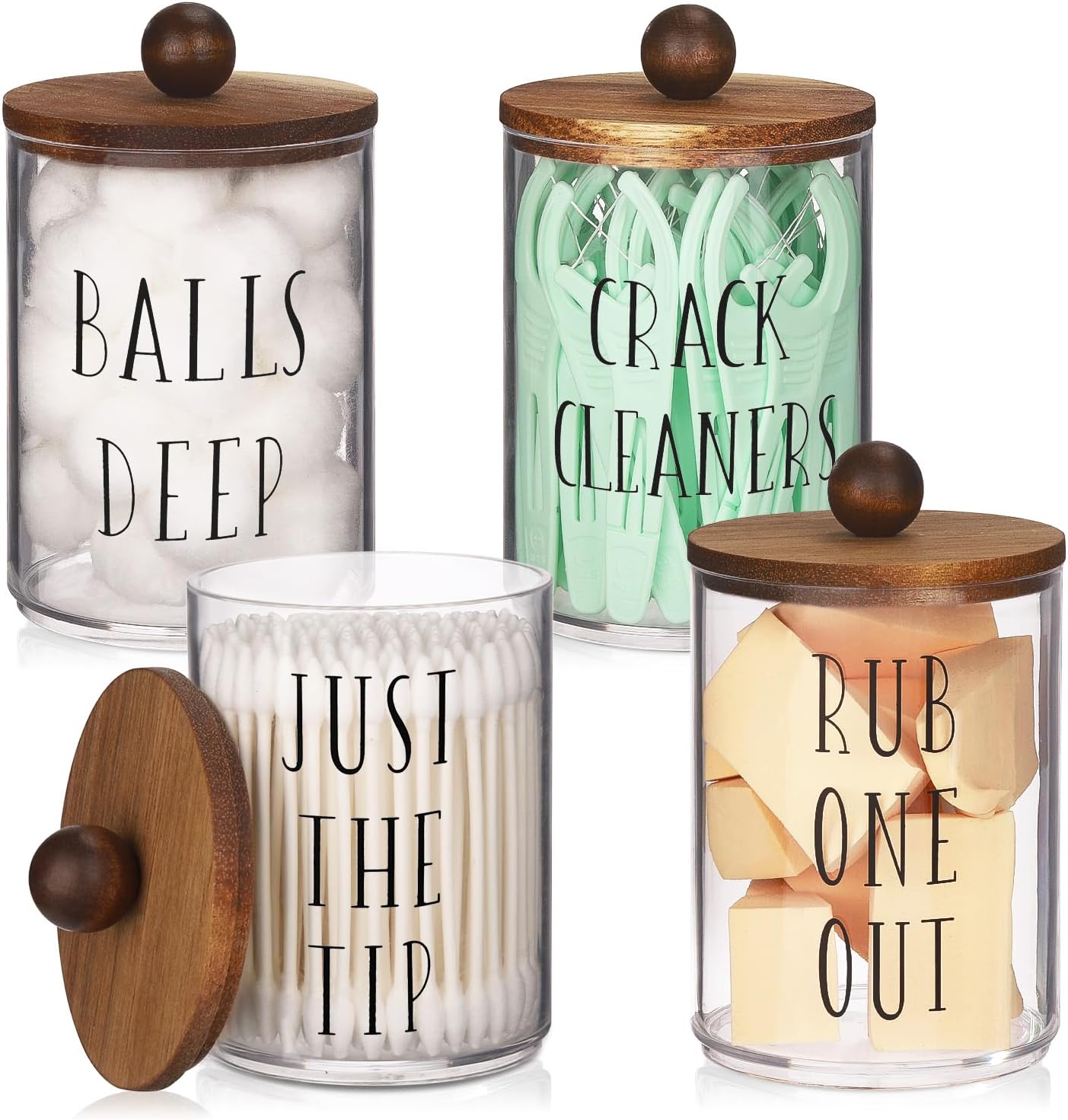 4 Pack Qtip Holder with Wood Lids - 10 oz Clear Storage Jars