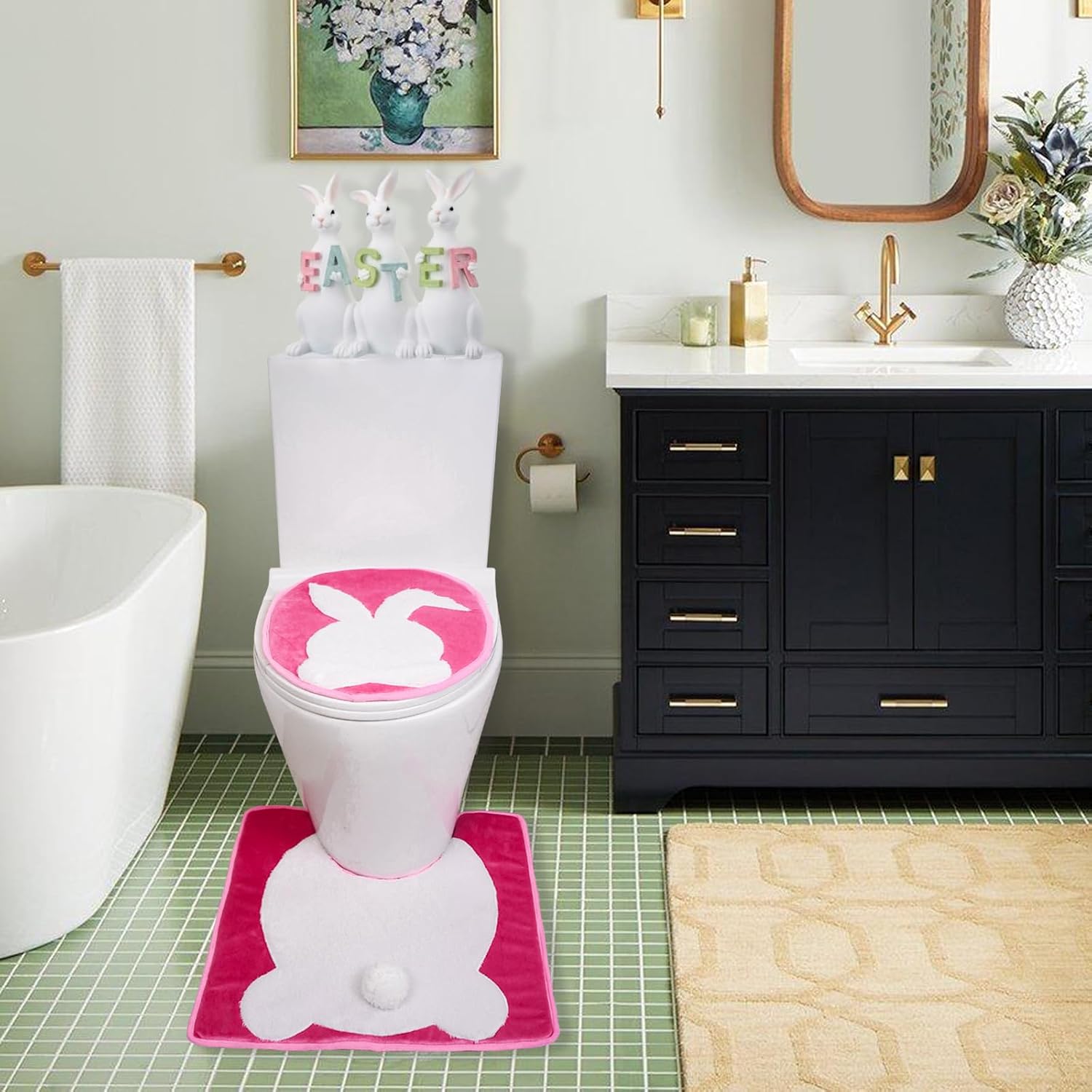 Easter Bunny Bathroom Set with Fluffy Rabbit Tail and Bath Mat
