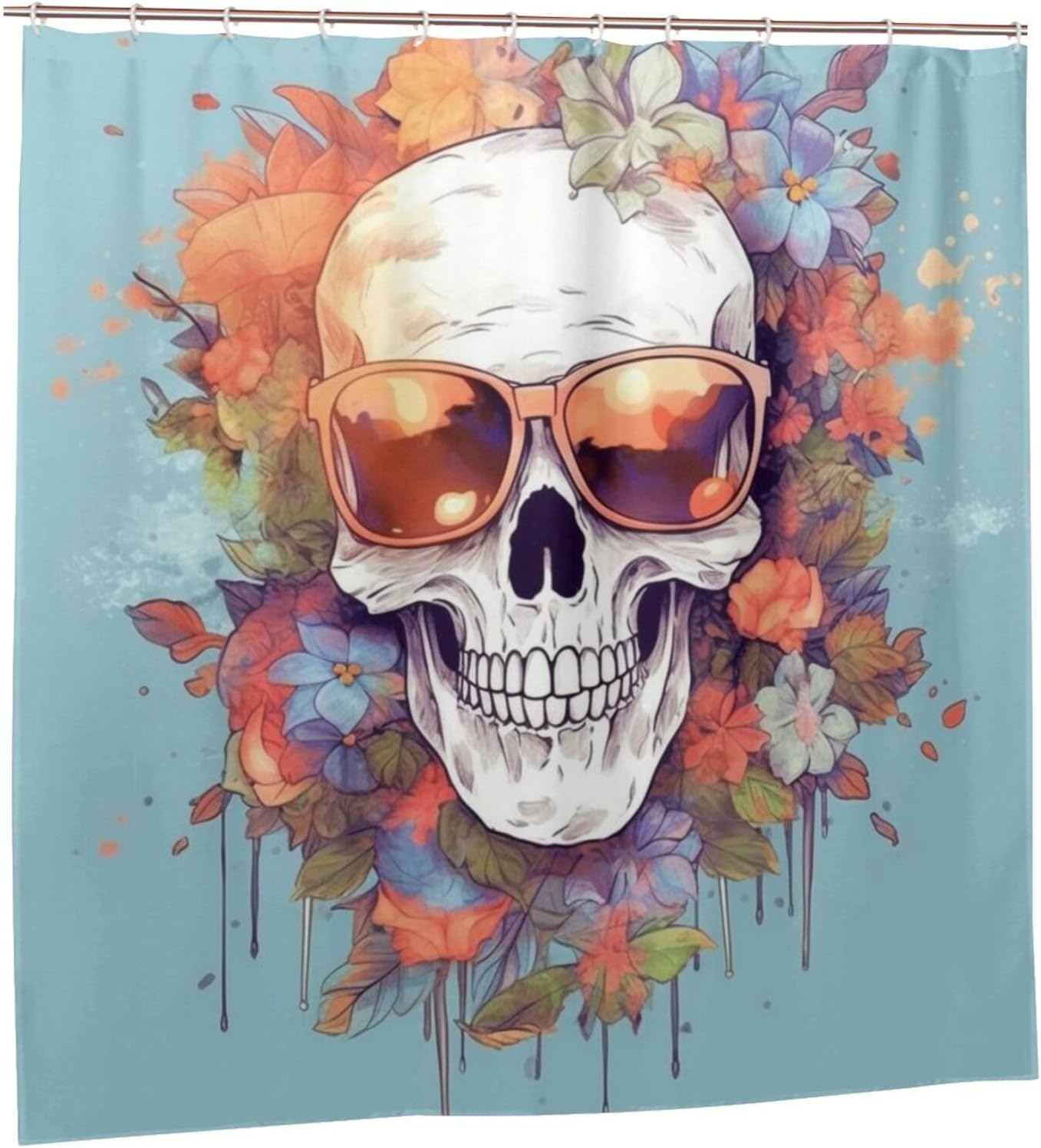 Boho Blue Flower Shower Curtain Set with 12 Hooks