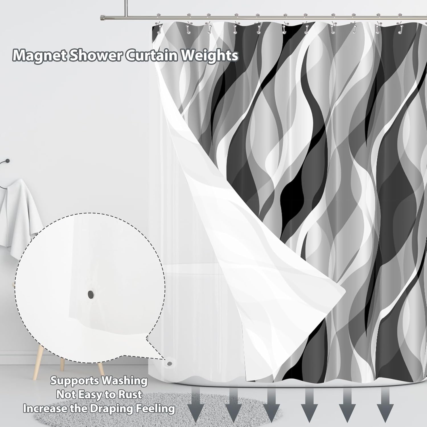 Grey Black Modern 3 in 1 Shower Curtain Set
