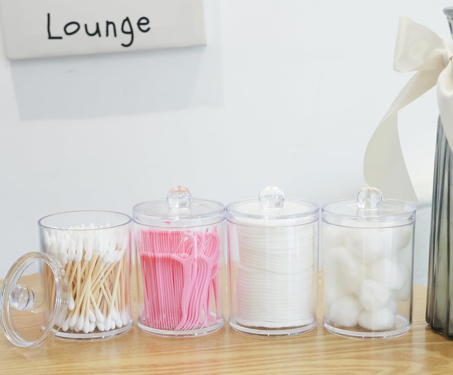 2 Pack Acrylic Q-Tip Holder Dispenser with Labels 10 and 12 Oz