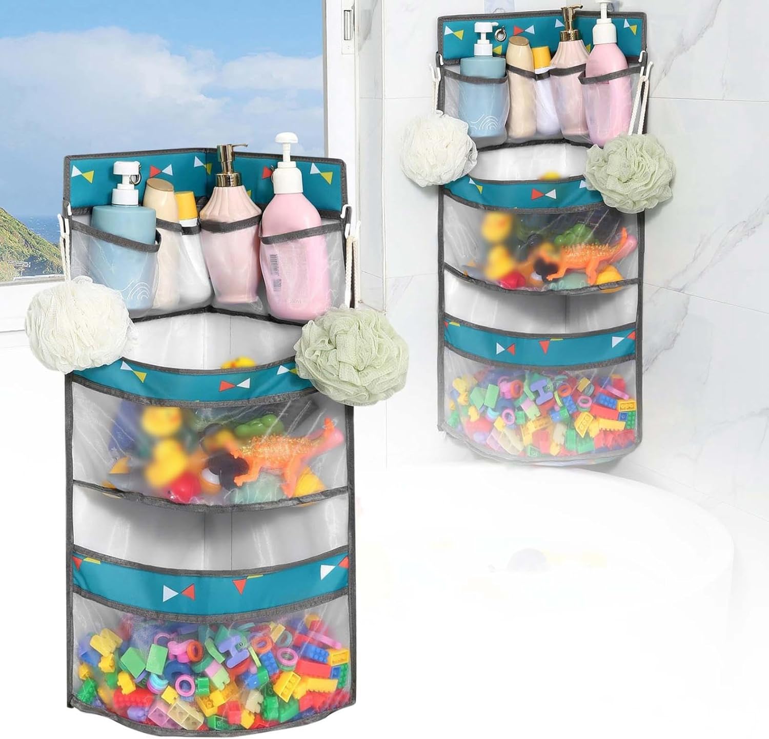 Bathroom Organizer with Toy Holder and Shower Caddy Blue