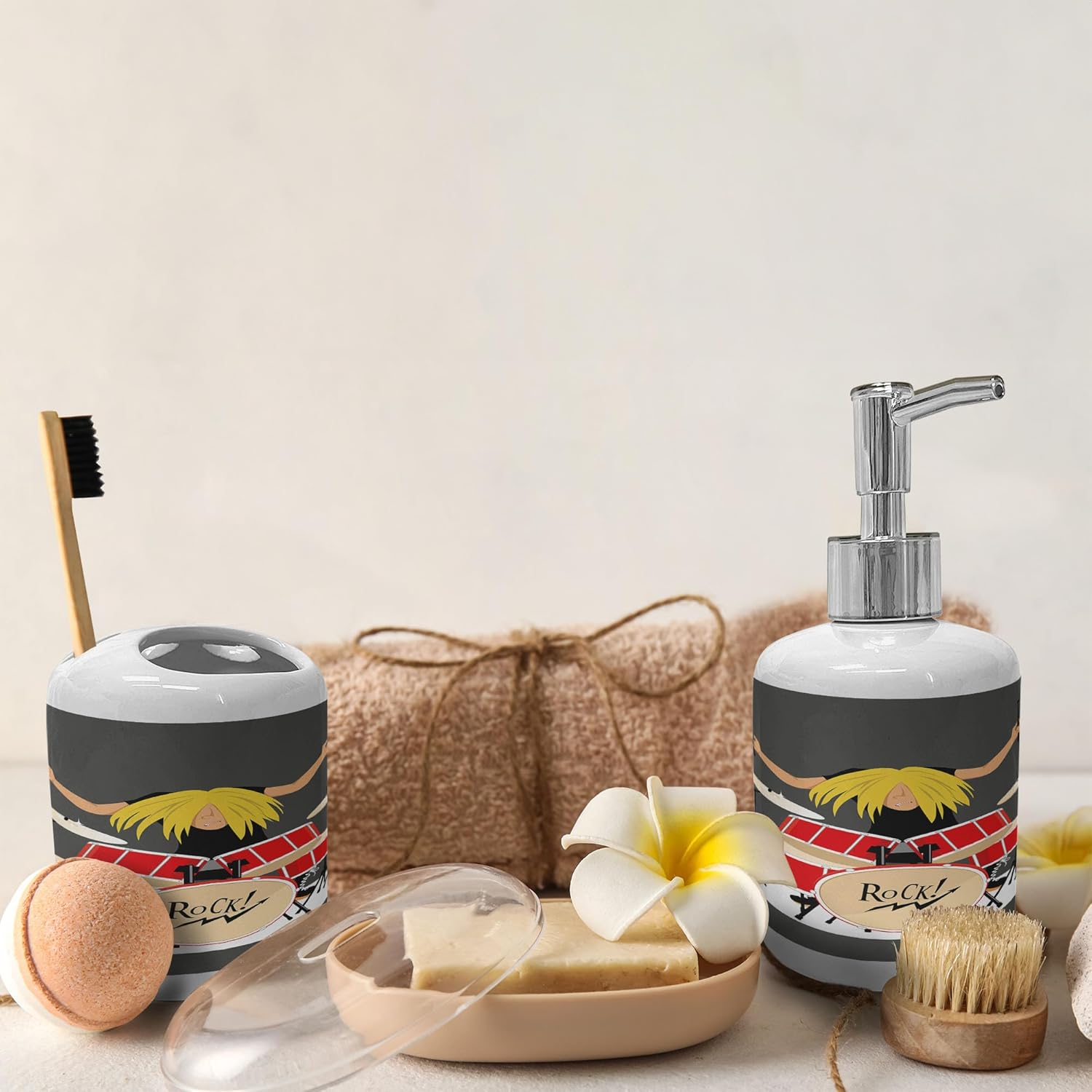 Ambesonne Drums Soap Dispenser and Toothbrush Holder Set